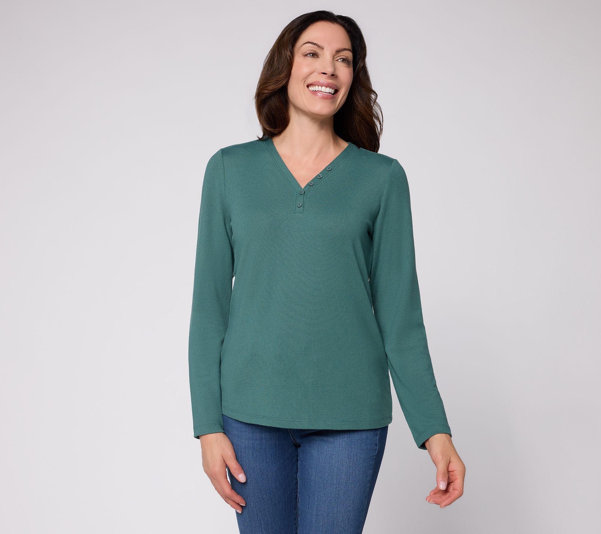 Denim & Co. Essentials Heavenly Jersey Y-Neck Top W/Buttons