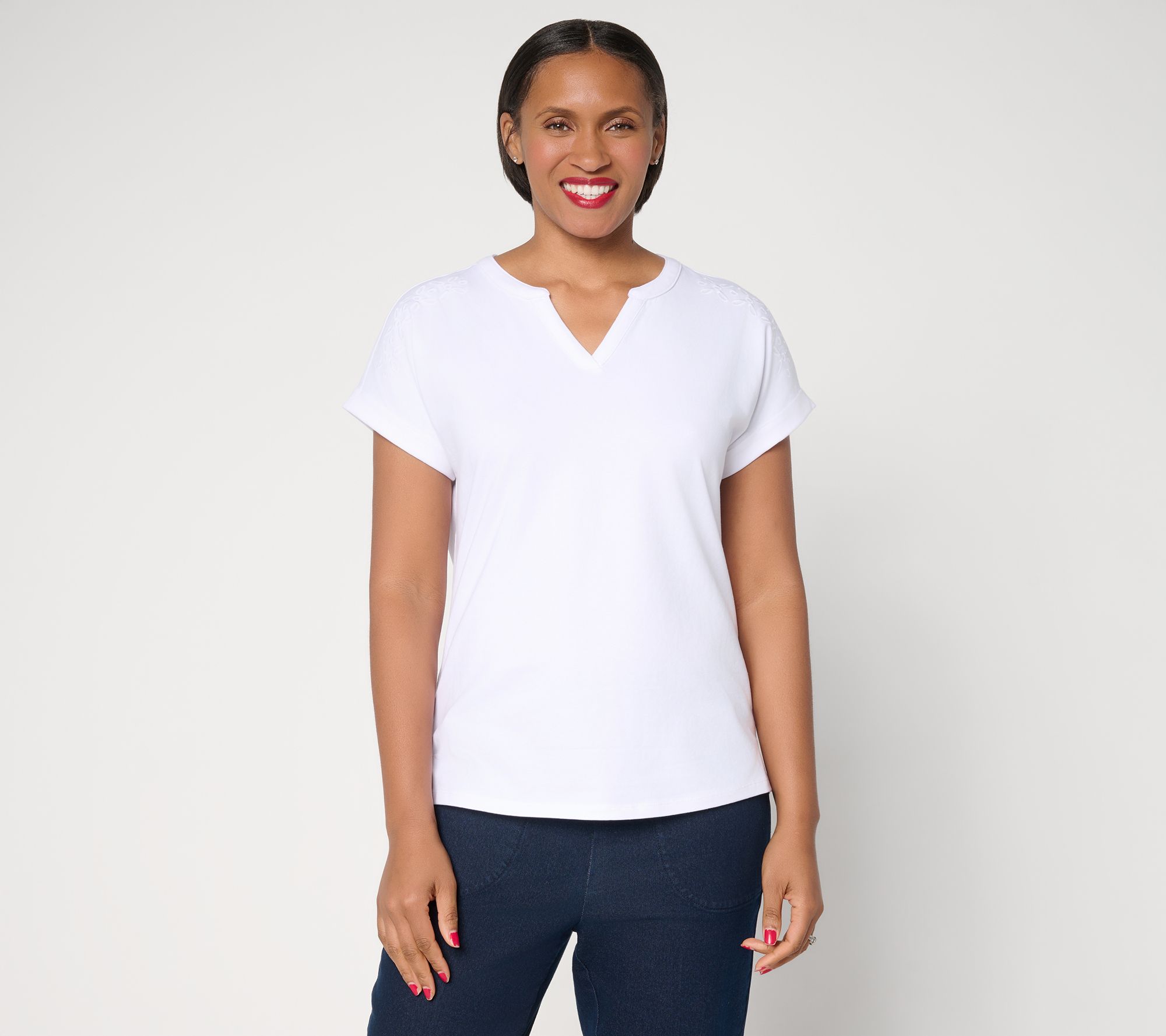 "As Is" Denim & Co. Perfect Jersey Dolman Sleeve Top with Embroidery