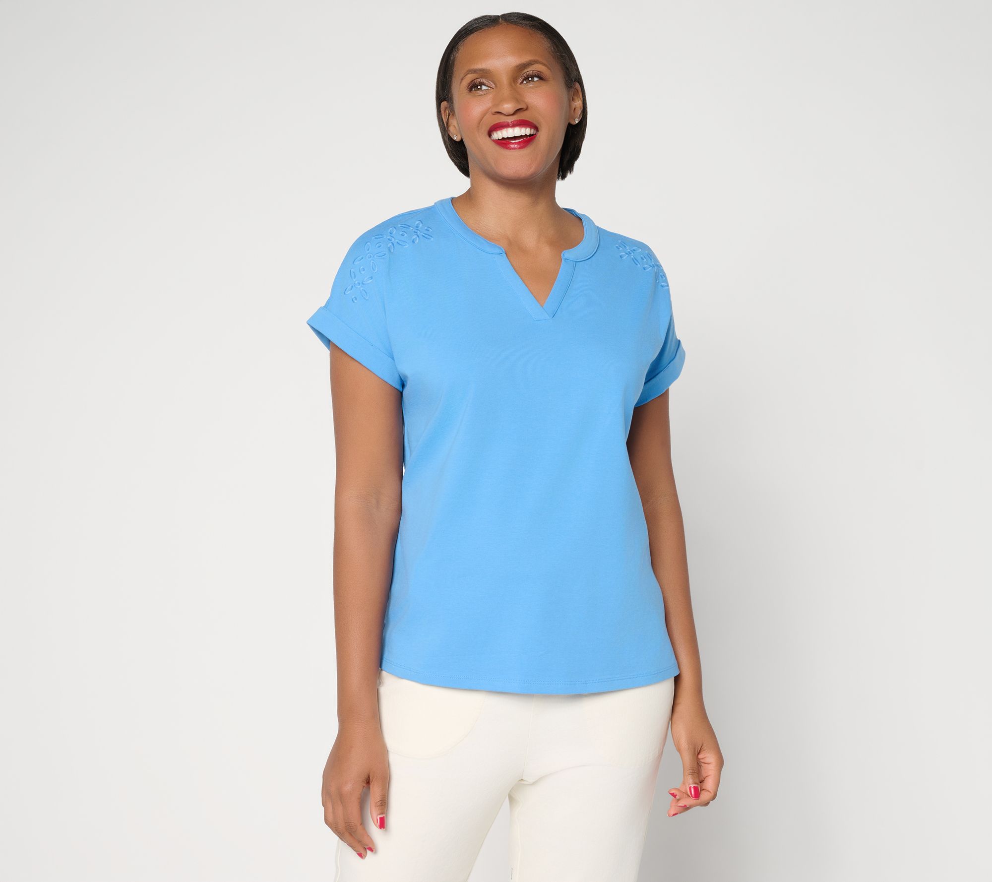 "As Is" Denim & Co. Perfect Jersey Dolman Sleeve Top with Embroidery