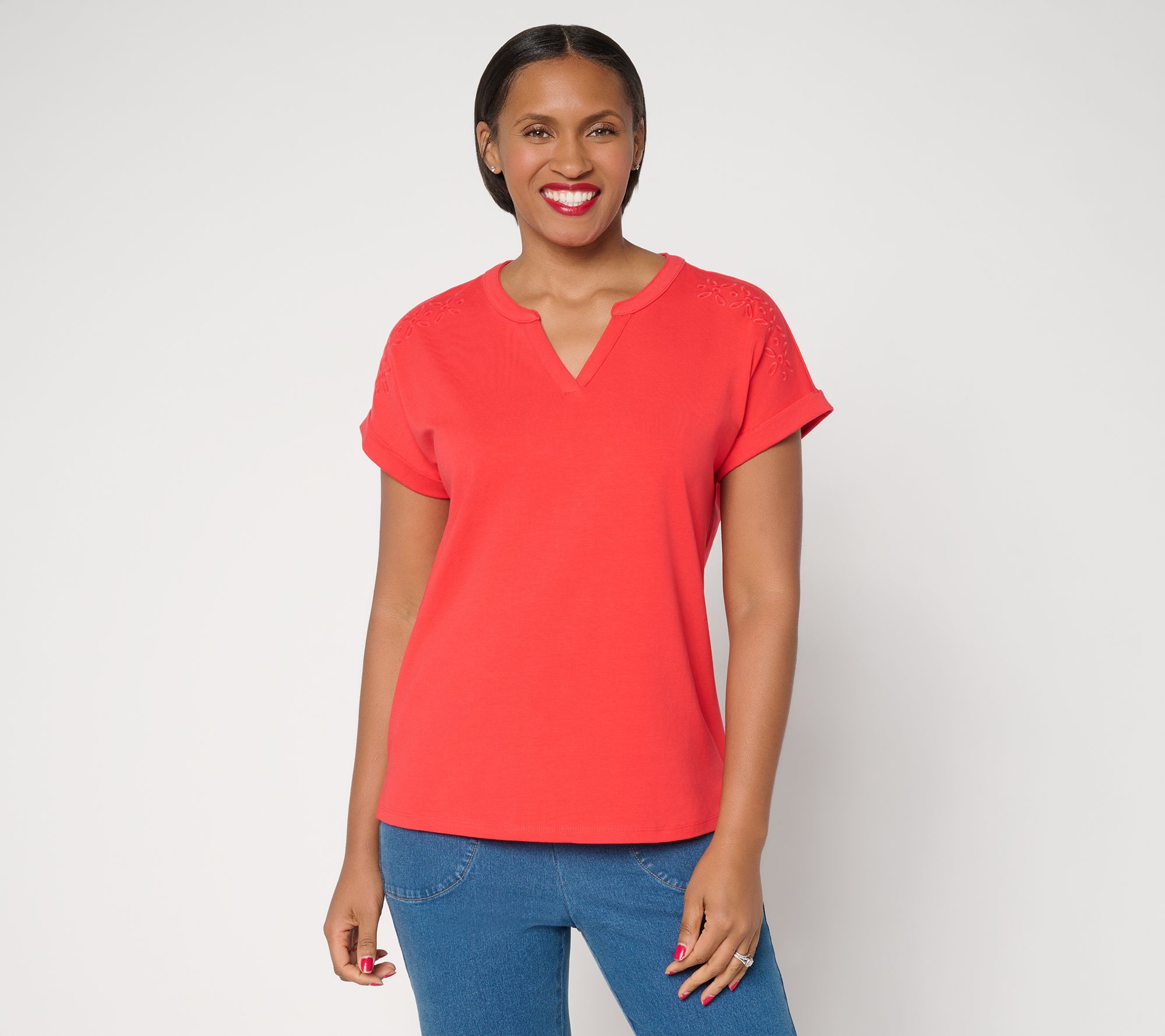 "As Is" Denim & Co. Perfect Jersey Dolman Sleeve Top with Embroidery