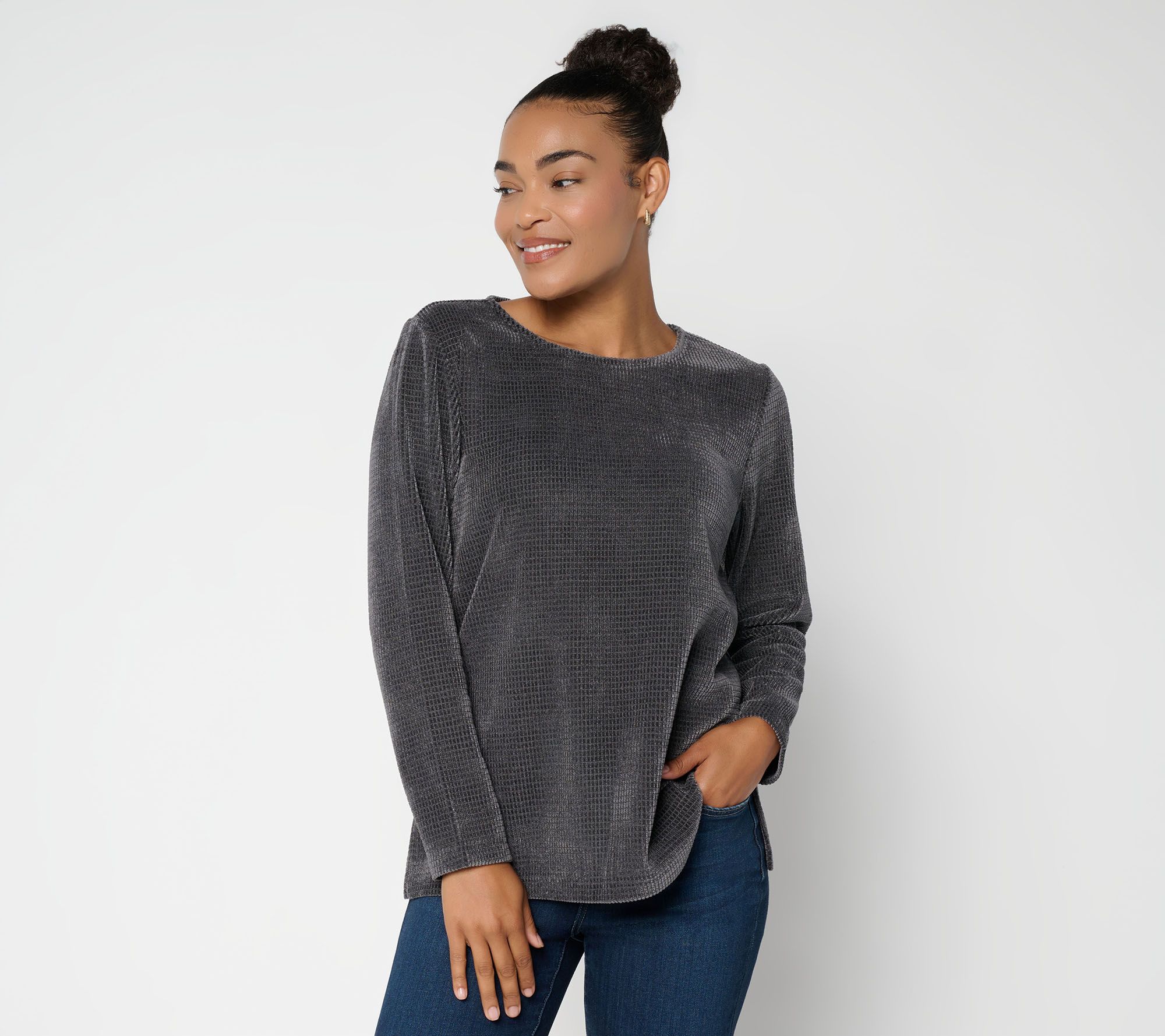Susan Graver Weekend Chenille Waffle Knit Crew Neck Top