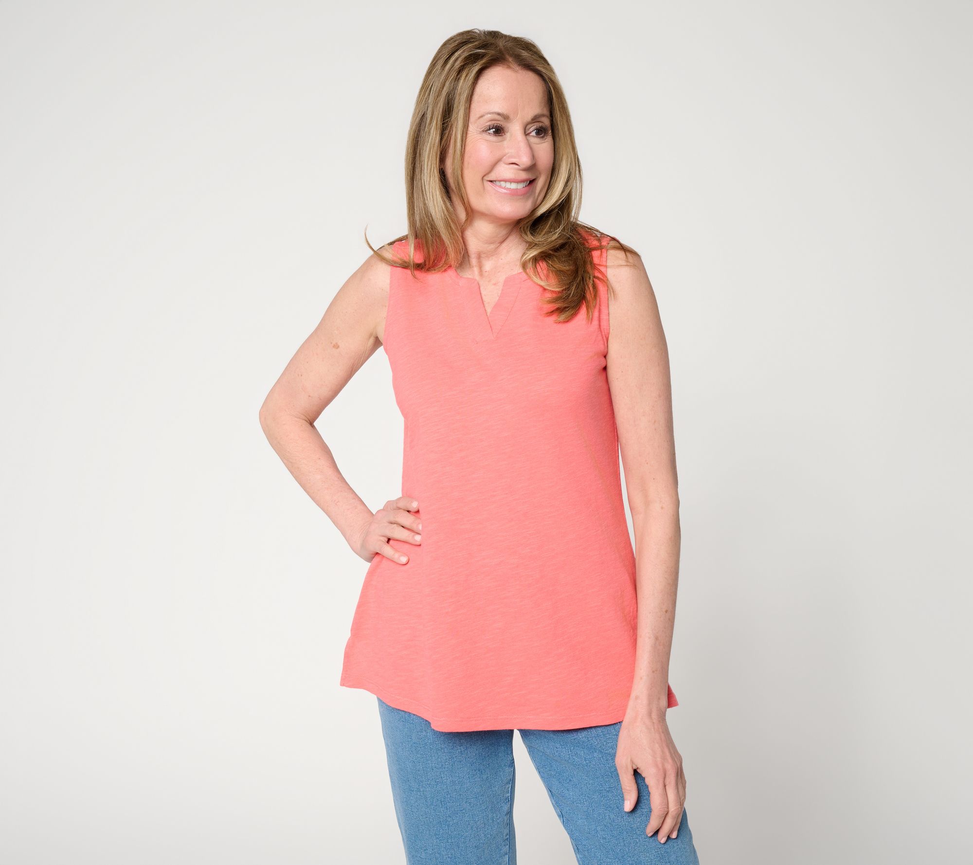 "As Is" Denim & Co. Essentials Linen Blend Split Neck Tank Top