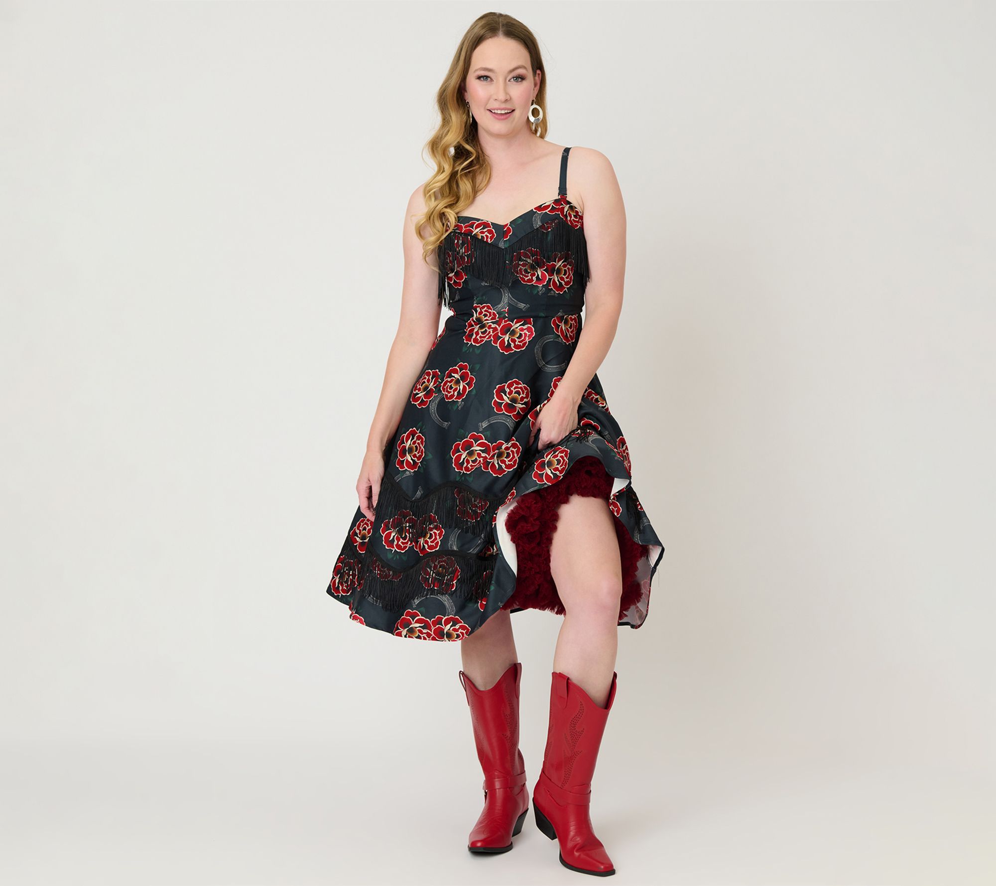 Unique Vintage Black & Rose Print Fringe GirlieSwing Dress