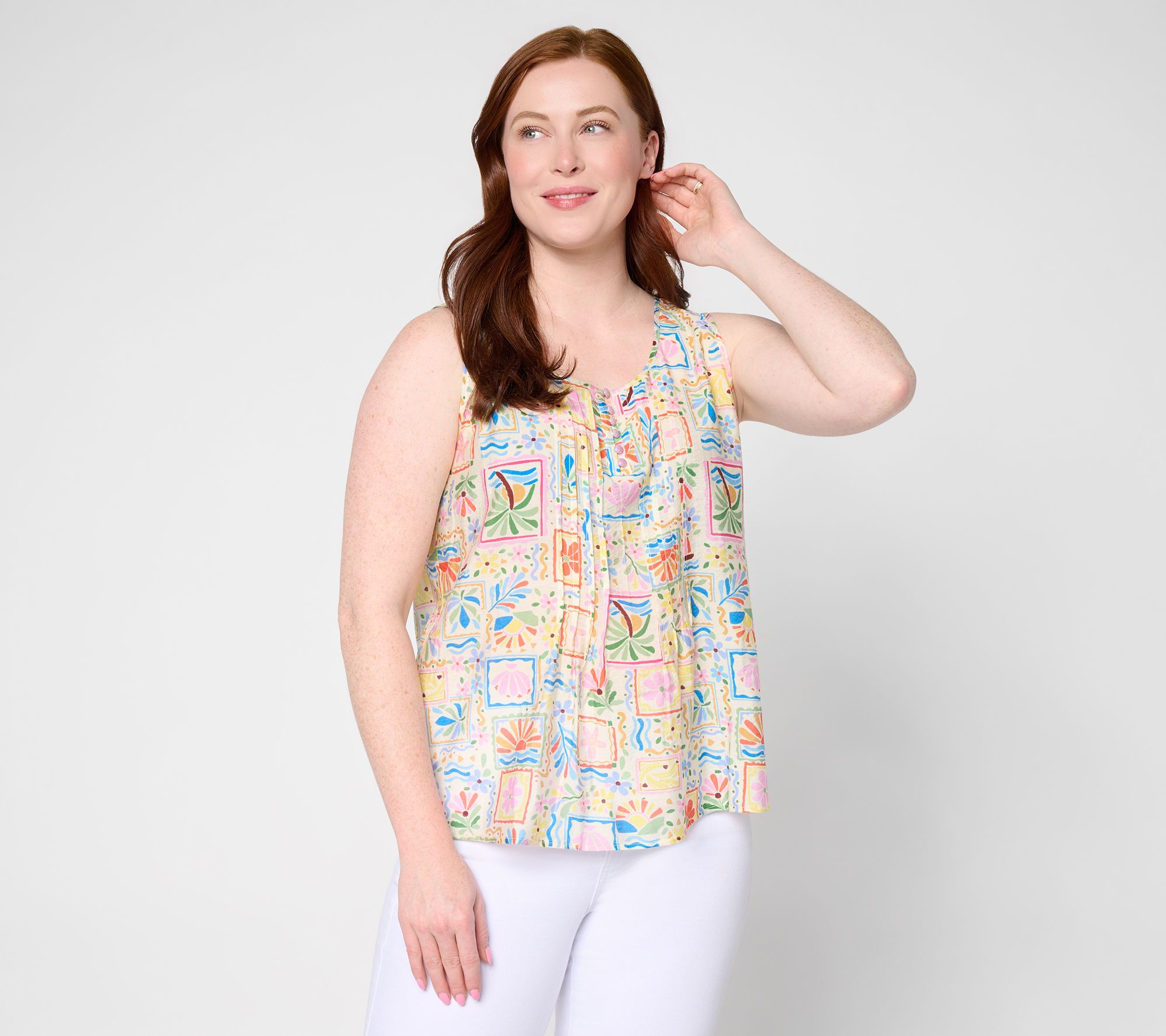 "As Is" Susan Graver Printed Woven Henley Sleeveless Top