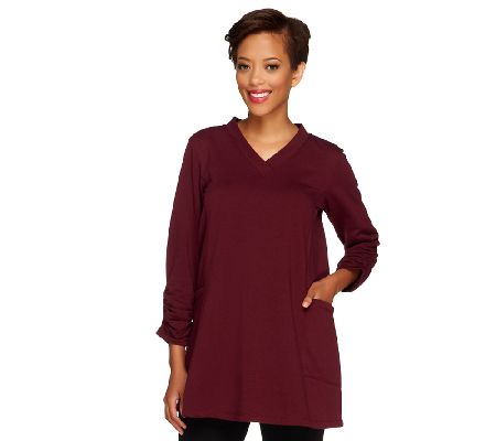 Susan Graver French Terry V-neck Tunic w/ Ruched Sleeves & Side Pockets ...