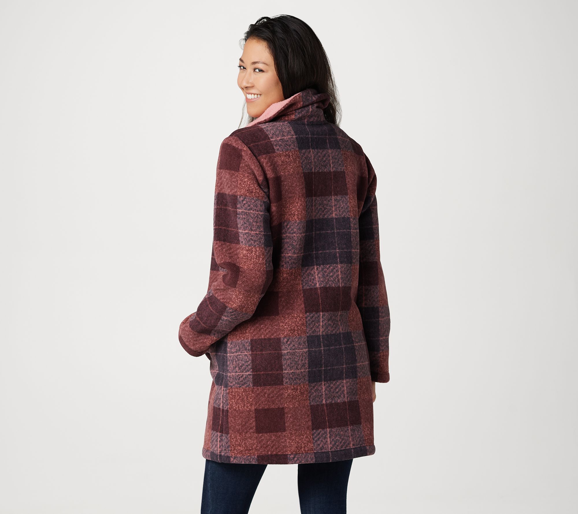 "As Is" Denim & Co. Plaid Print Sherpa Lined Fleece Zip & Snap Front