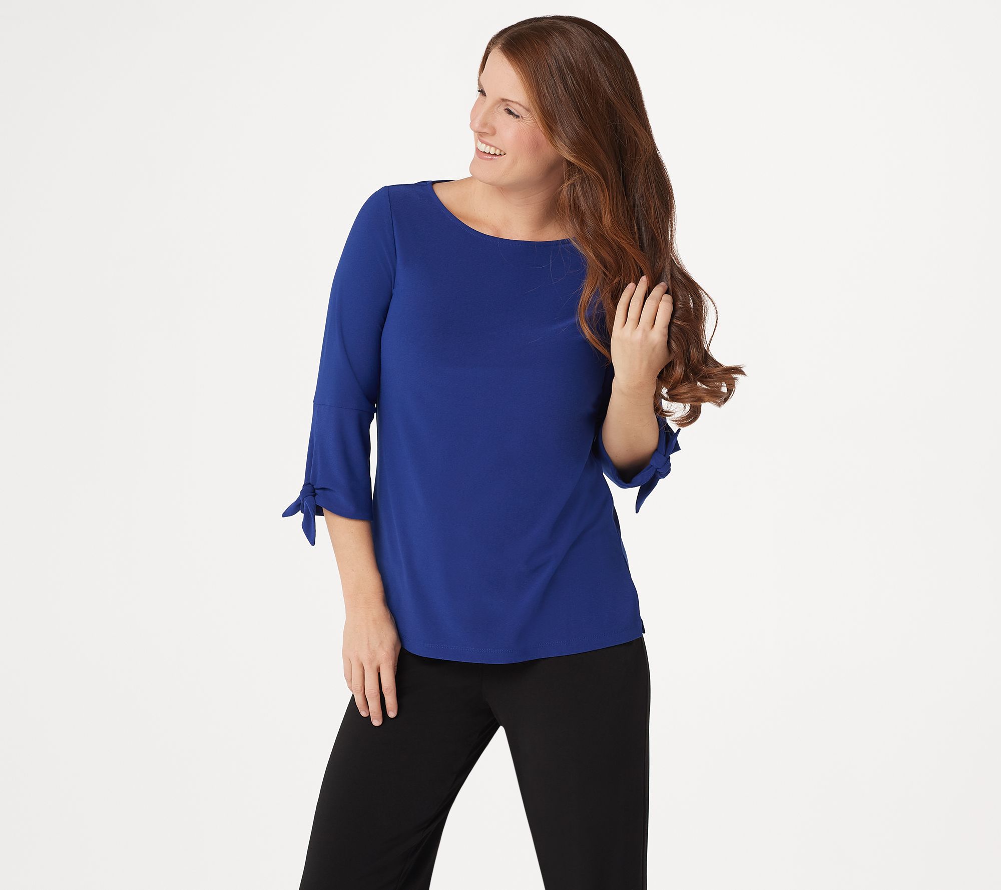 "As Is" Dennis Basso Caviar Crepe 3/4 Sleeve Top w/ Tie Detail