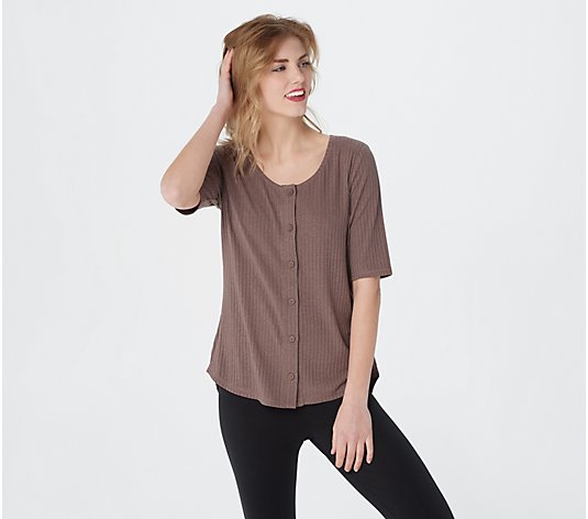 AnyBody Cozy Kind Elbow Sleeve Button Front Scoop Neck Top