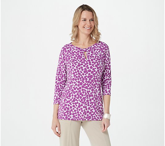 Susan Graver Printed Liquid Knit 3/4-Sleeve Top with Keyhole