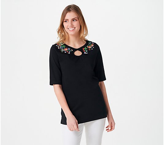Quacker Factory Flowers and Berries Keyhole Elbow-Sleeve Top