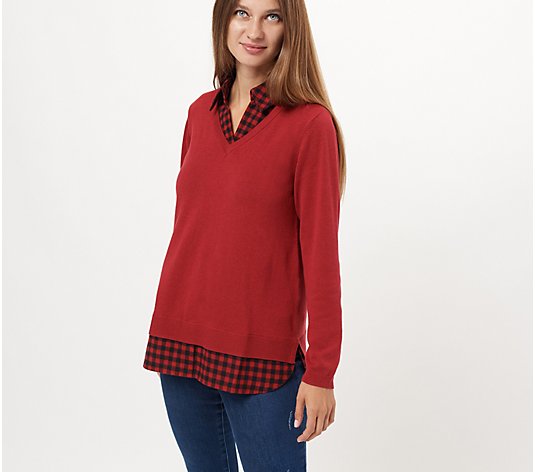 Joan Rivers V-Neck Sweater with Buffalo Plaid Details