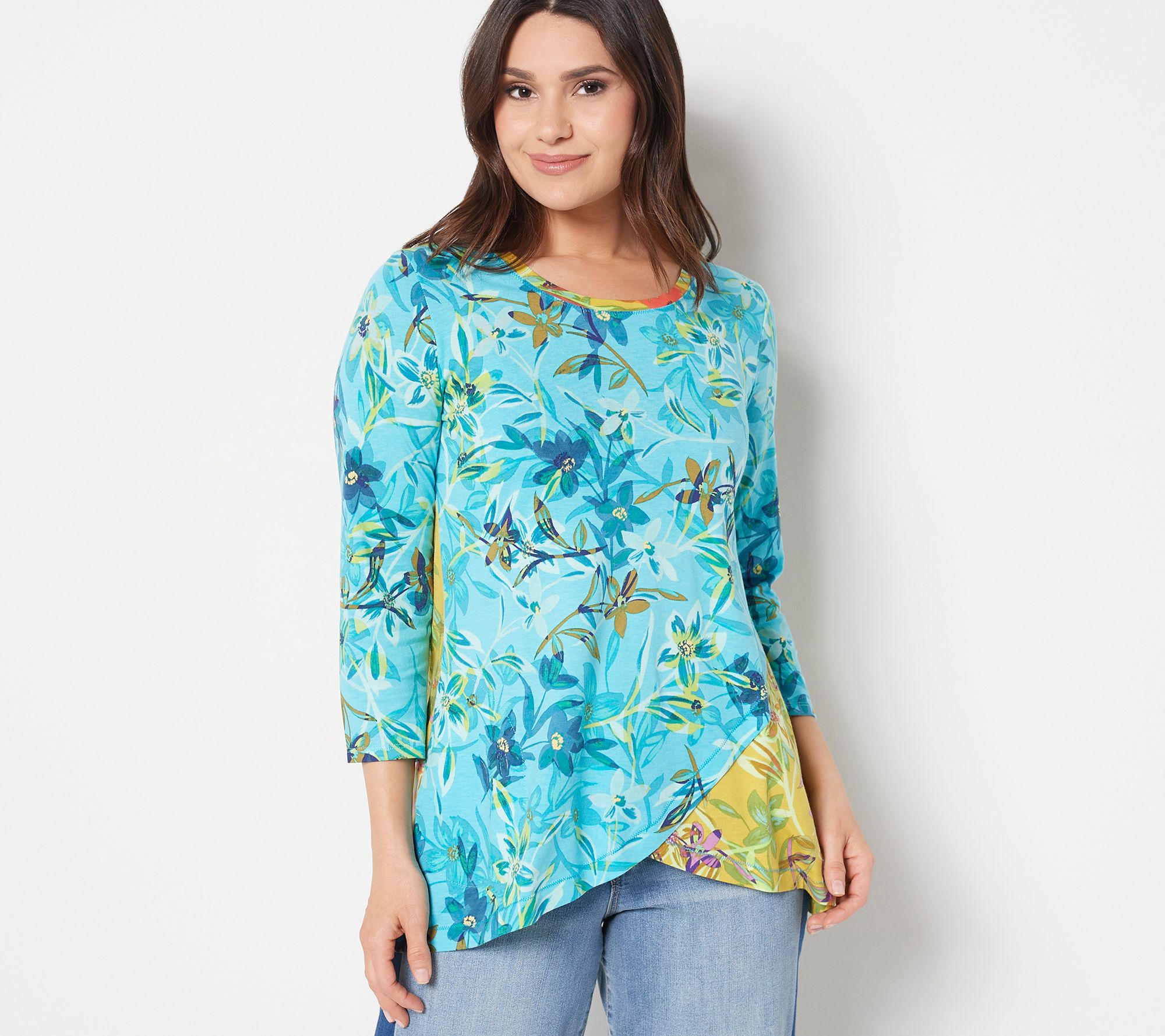 LOGO by Lori Goldstein Mixed Print Cotton Modal Top