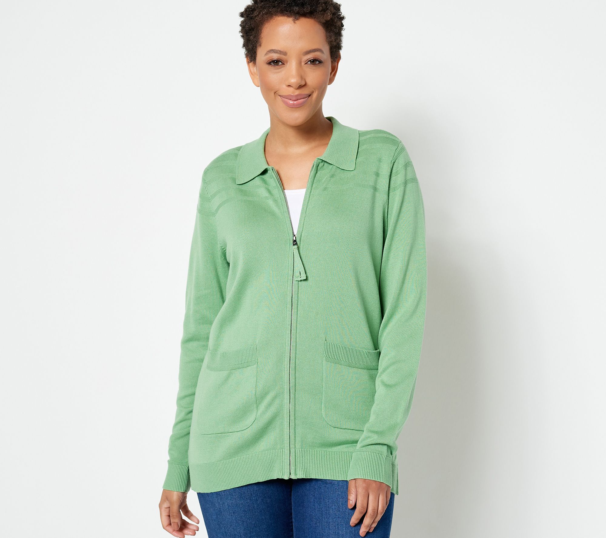 Isaac Mizrahi Live! Zip Front Collared Sweater Cardigan - QVC.com