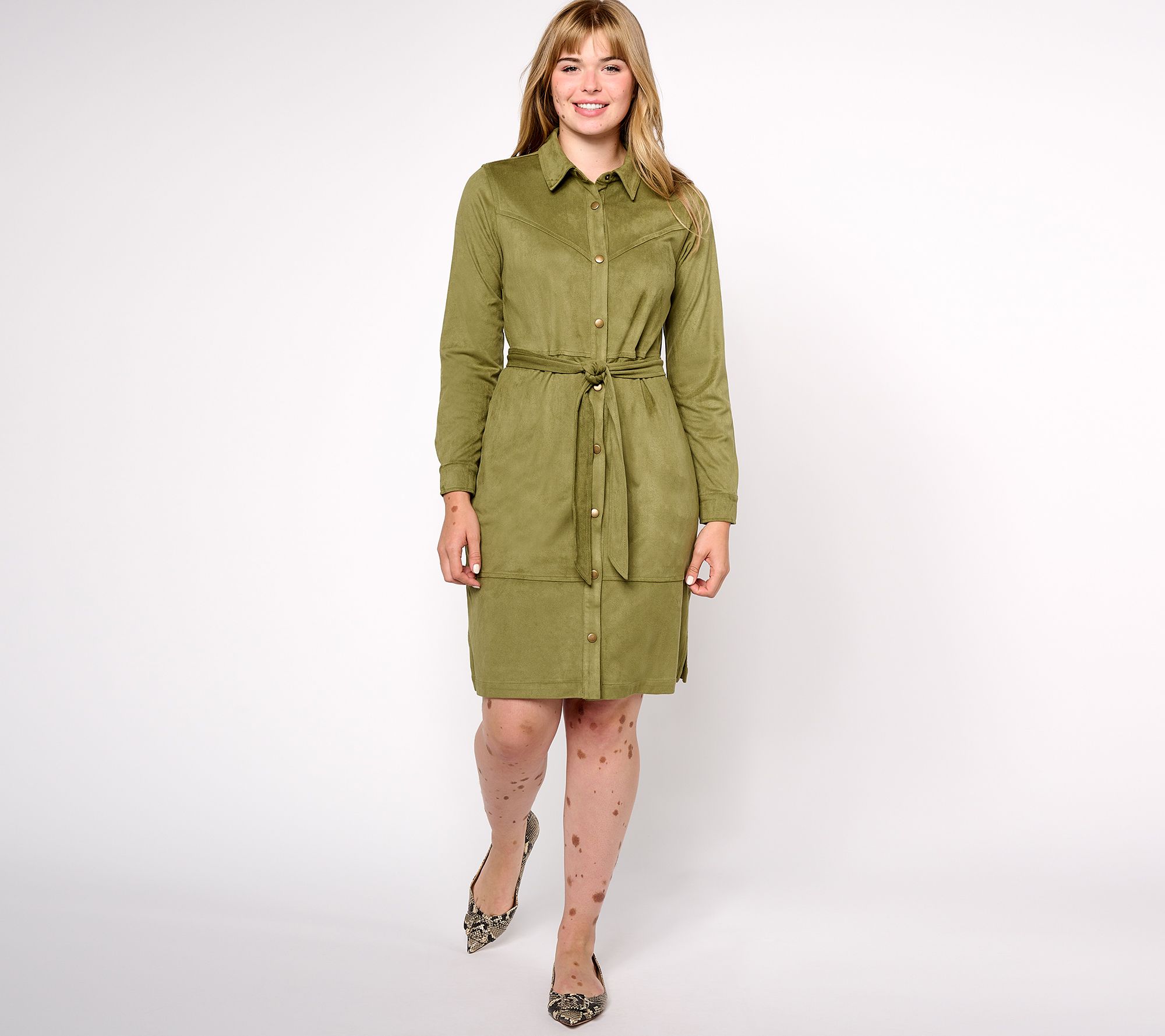 Denim & Co. Canyon Retreat Petite Belted Snap Front Faux Suede Dress