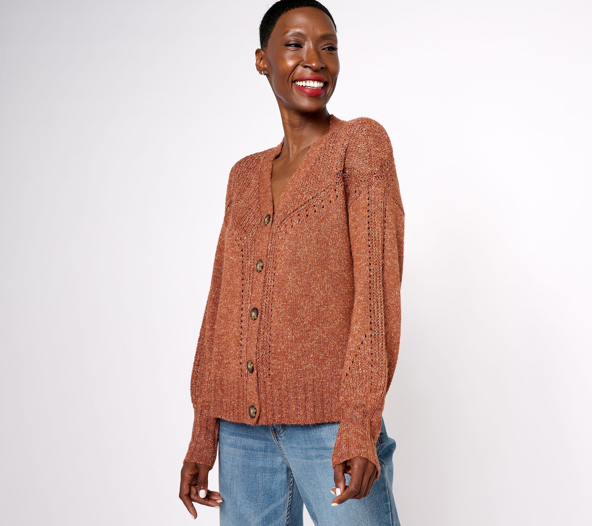 AnyBody Novelty Stitch Button Front Cardigan