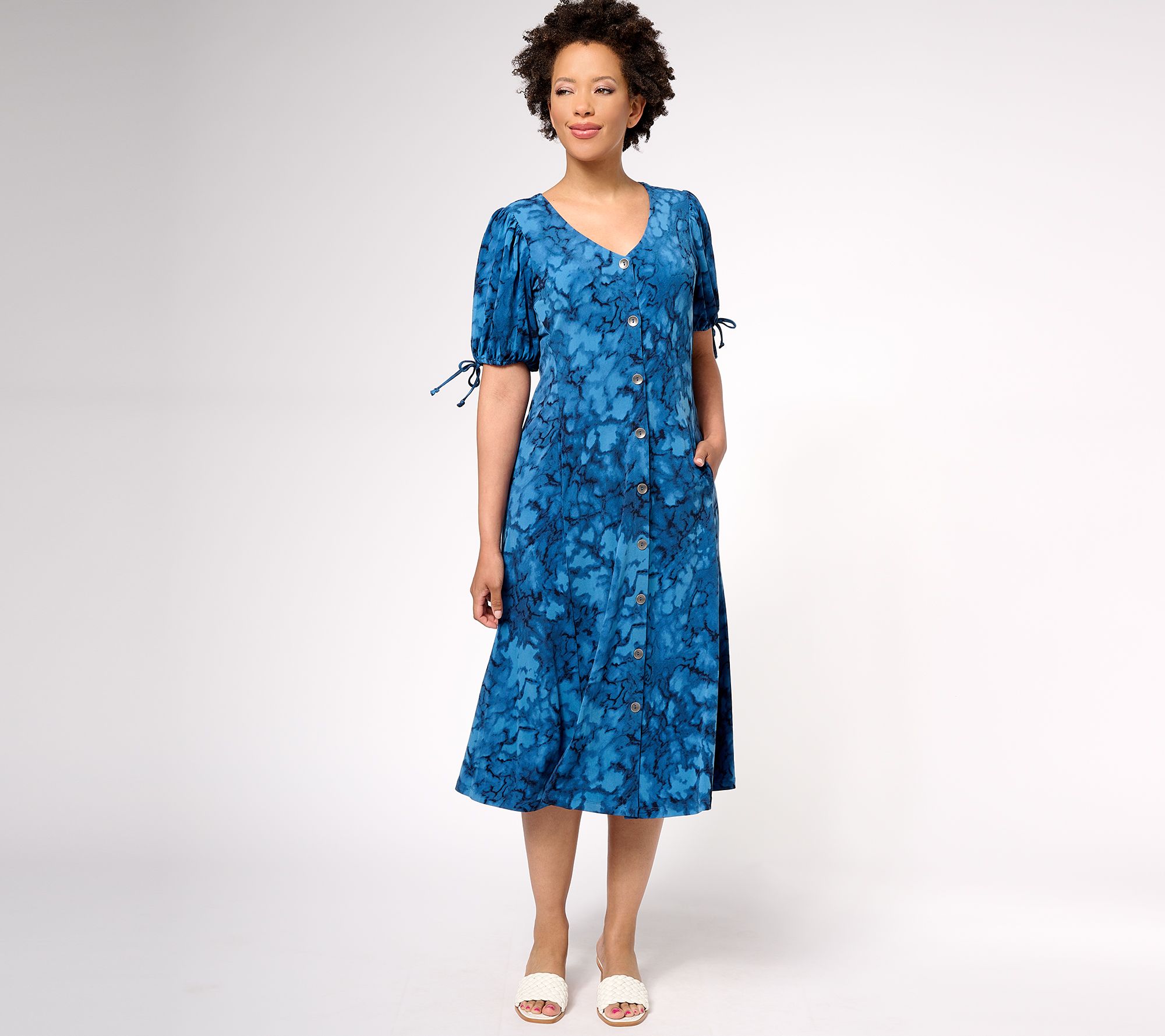 "As Is" Susan Graver Petite Printed Liquid Knit Elbow Slv Midi Dress