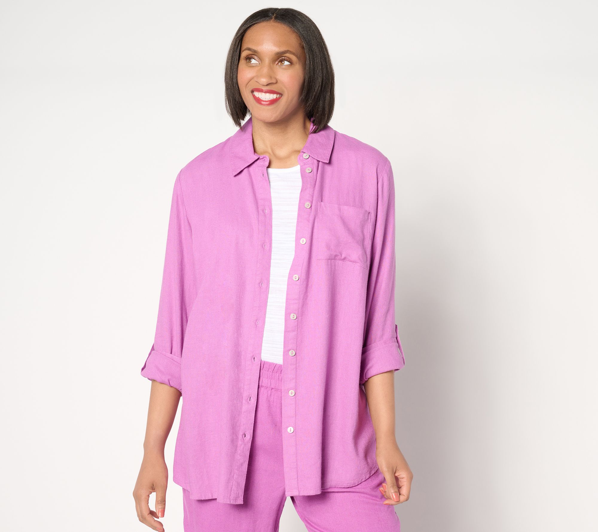 Denim & Co. Naturals Linen Blend Petite Button-Front Tunic