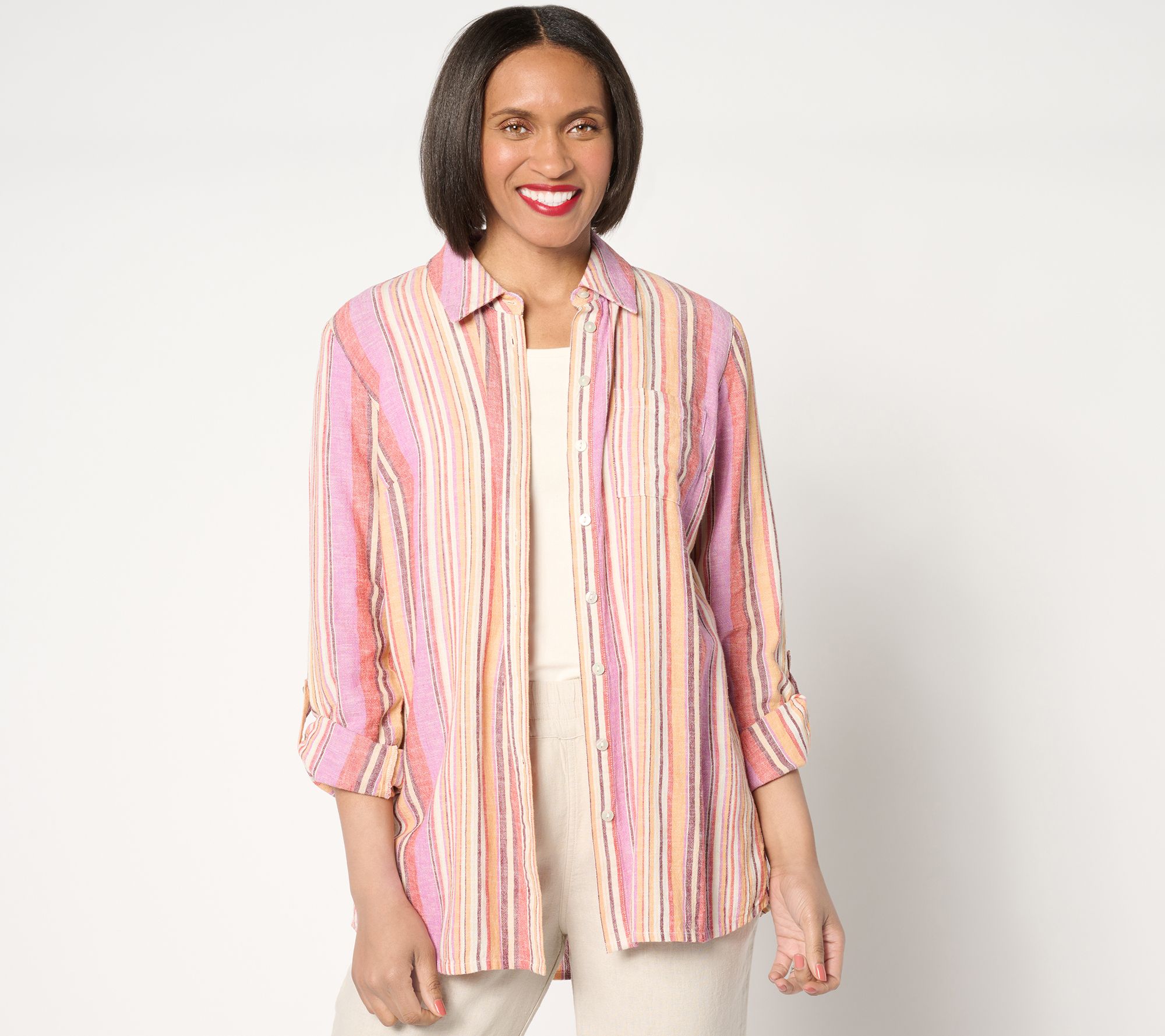 Denim & Co. Naturals Linen Blend Petite Button-Front Tunic