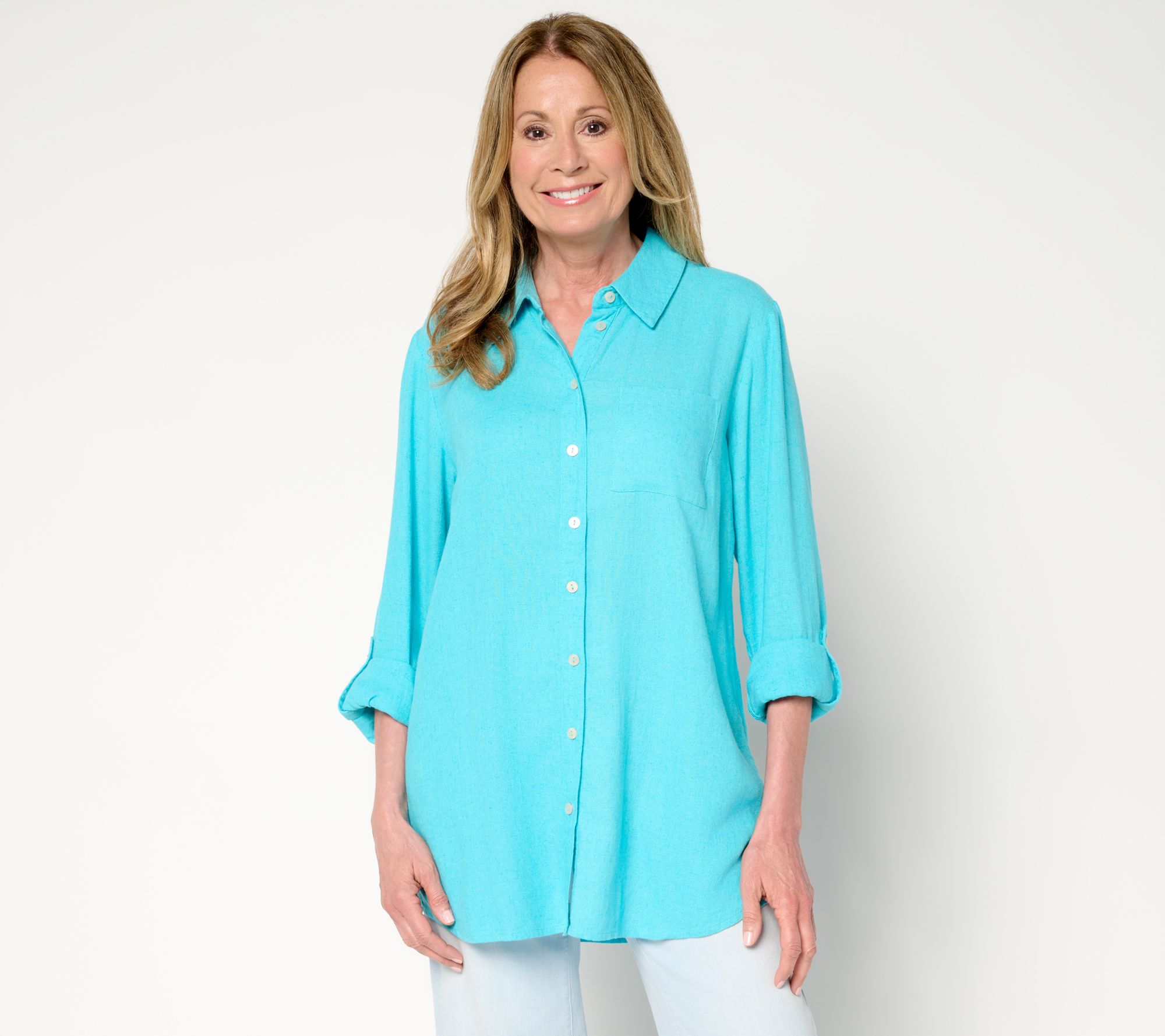 Denim & Co. Naturals Linen Blend Petite Button-Front Tunic