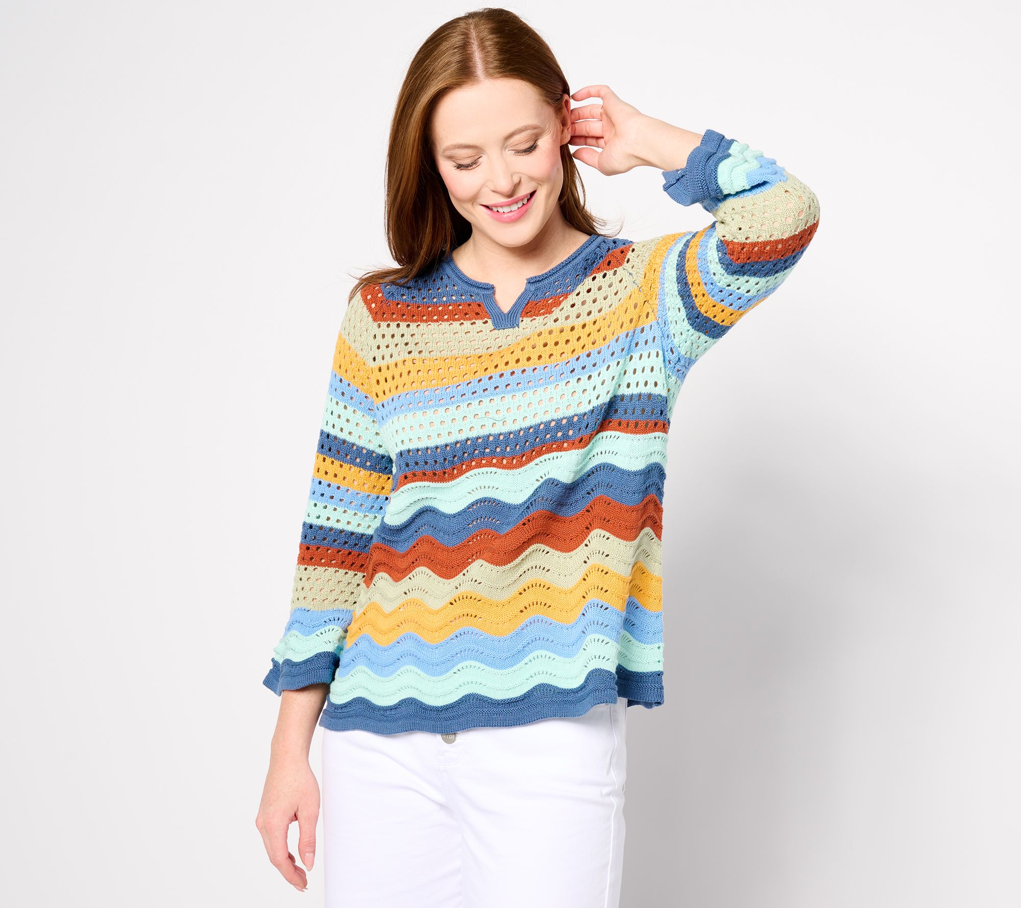 LOGO by Lori Goldstein 3/4-Sleeve Wave Crochet Sweater