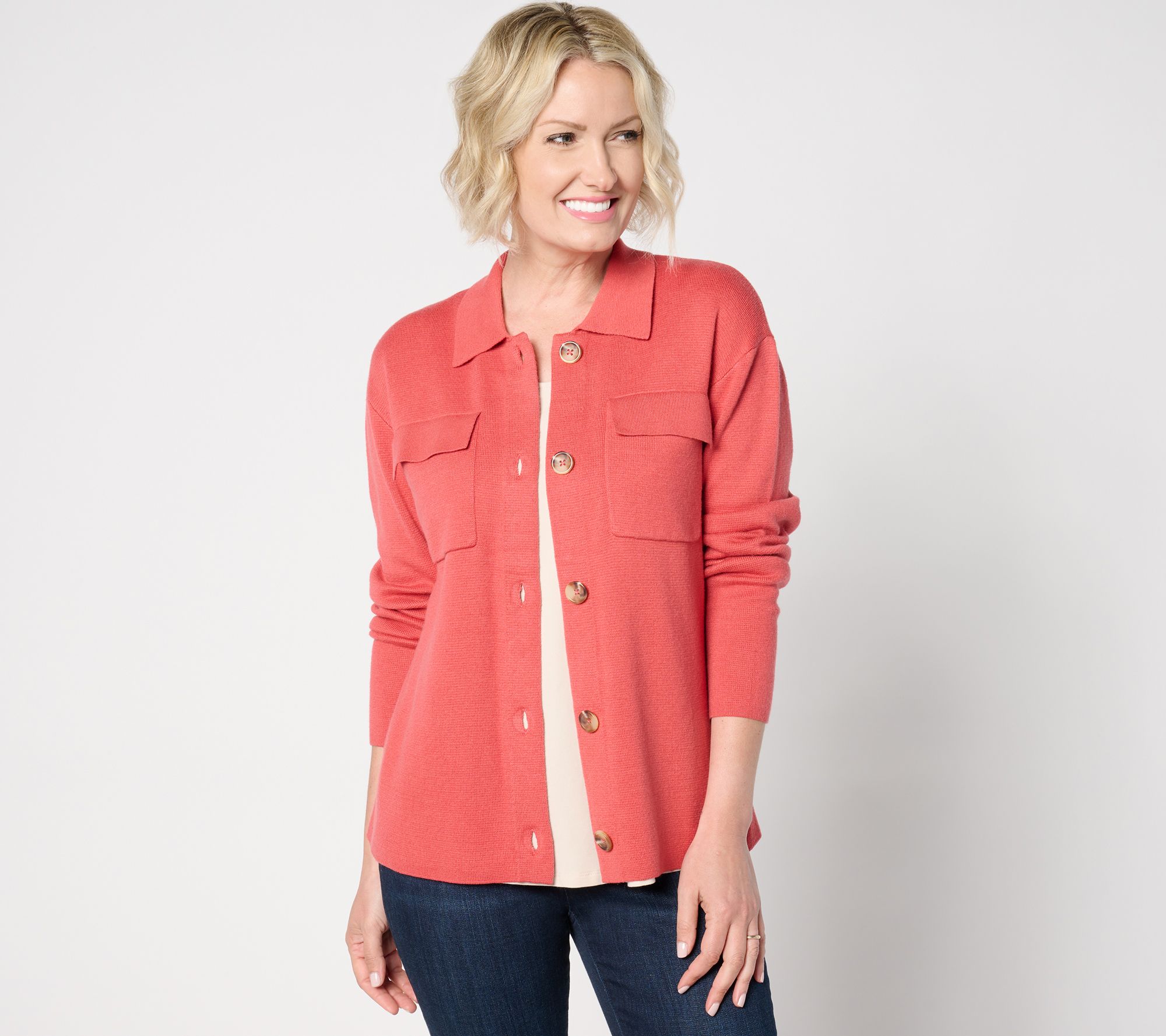 Isaac Mizrahi Live! Button Front Sweater Jacket with Collar