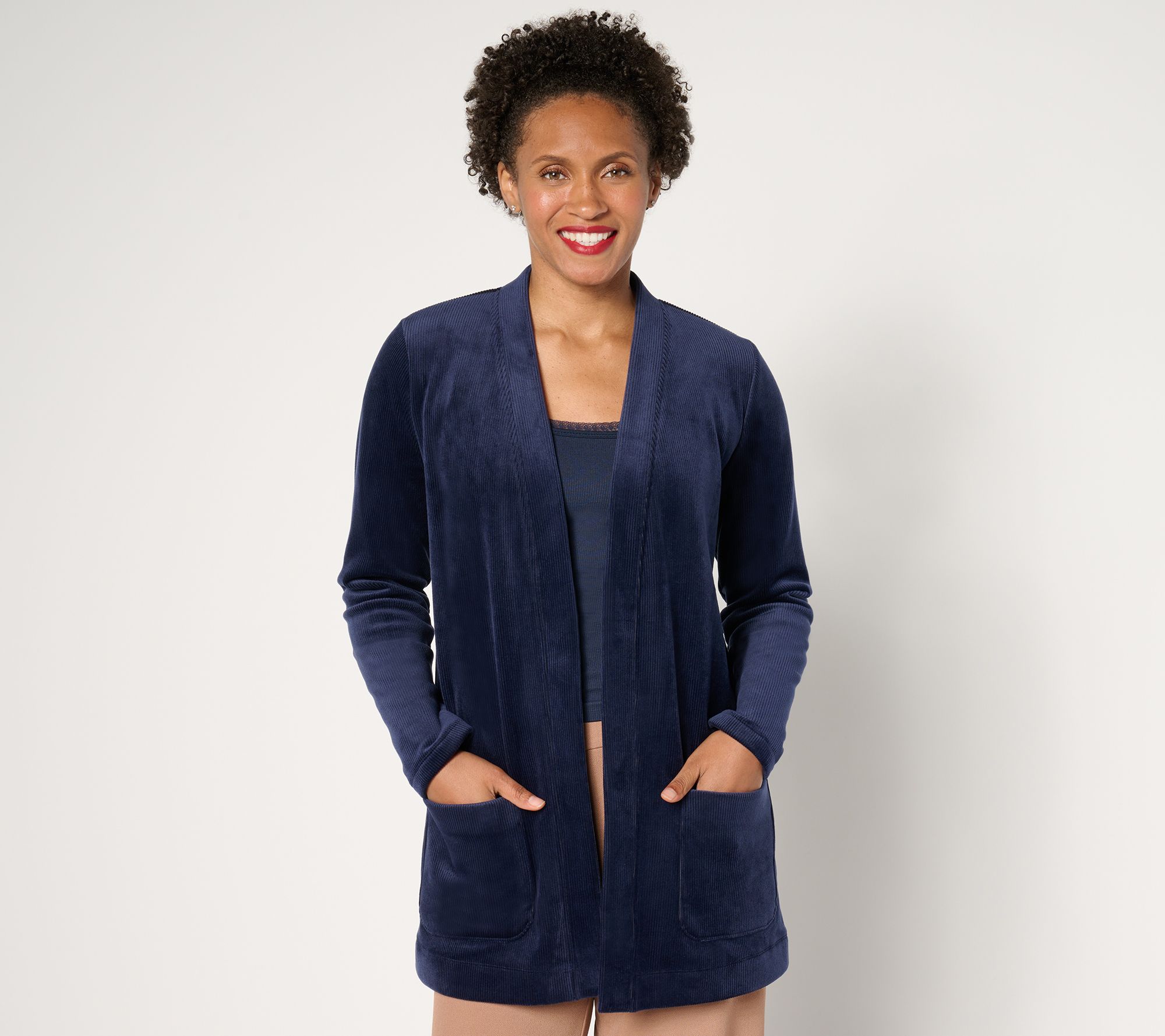 Susan Graver Petite Knit Corduroy Fusion Open Front Cardigan