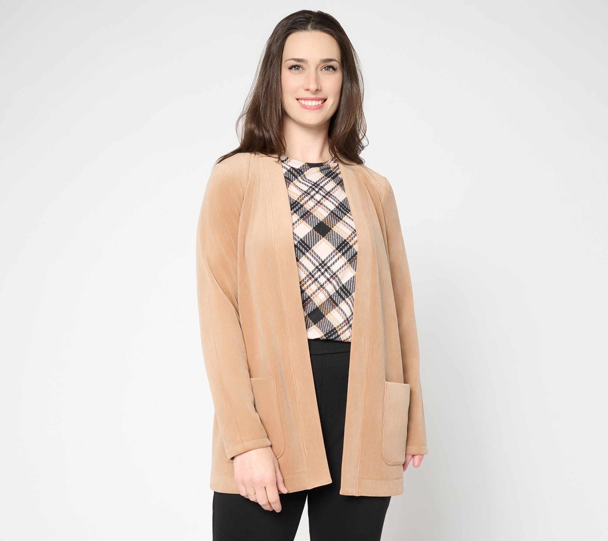 Susan Graver Petite Knit Corduroy Fusion Open Front Cardigan