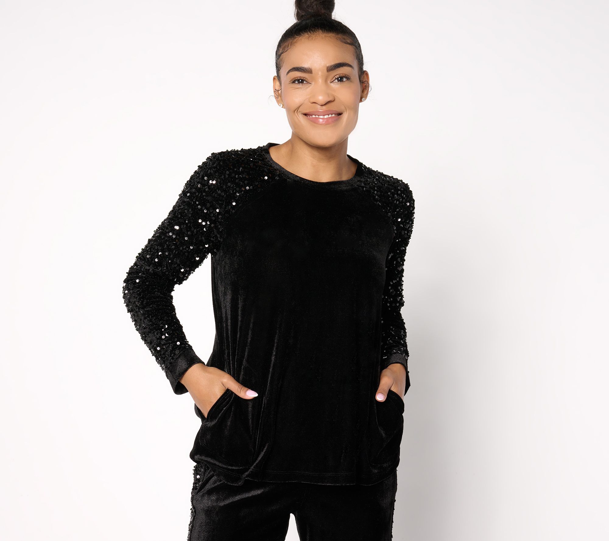 LOGO Lavish by Lori Goldstein Long Sleeve Velvet & Sequin Top