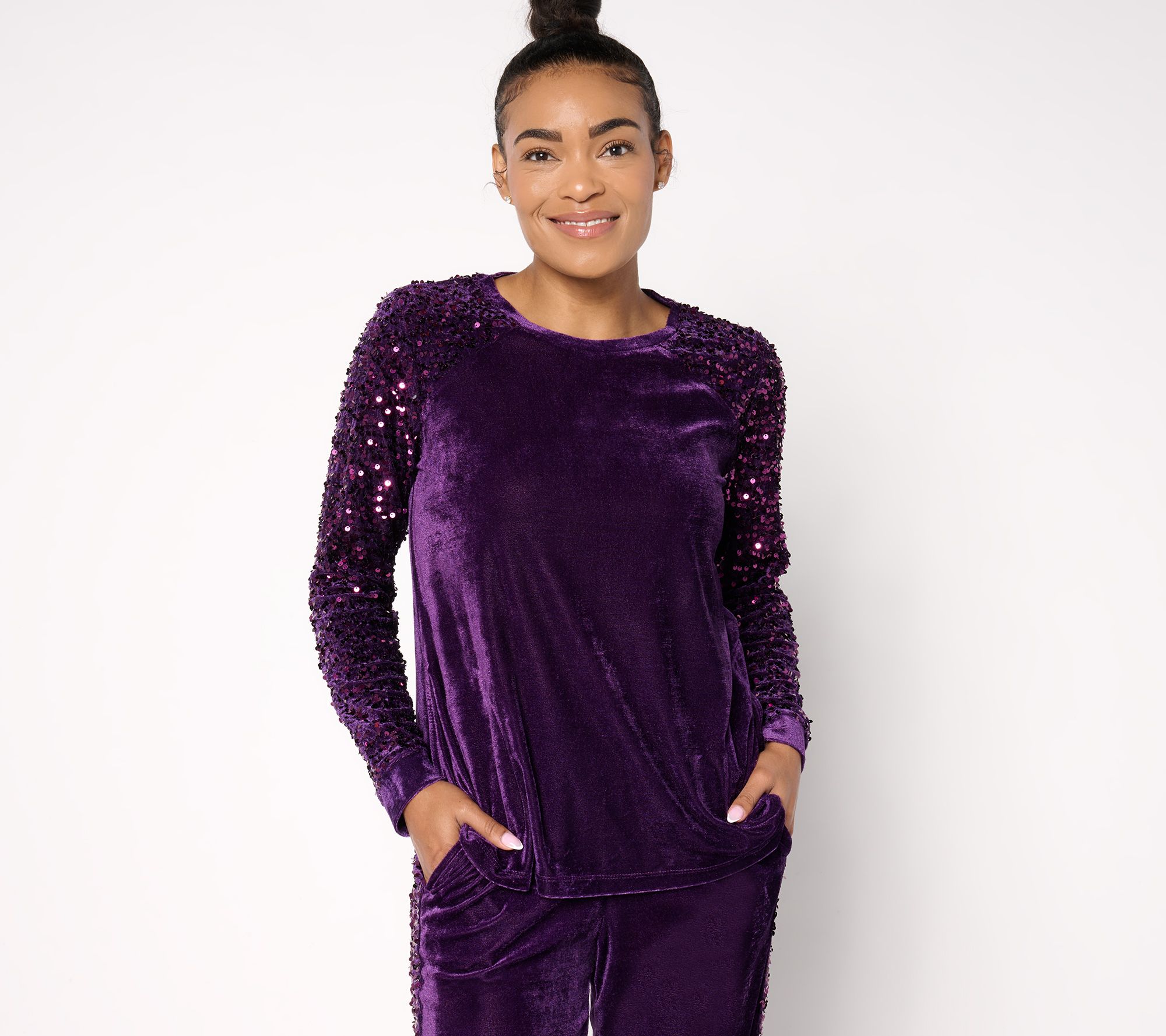 LOGO Lavish by Lori Goldstein Long Sleeve Velvet & Sequin Top