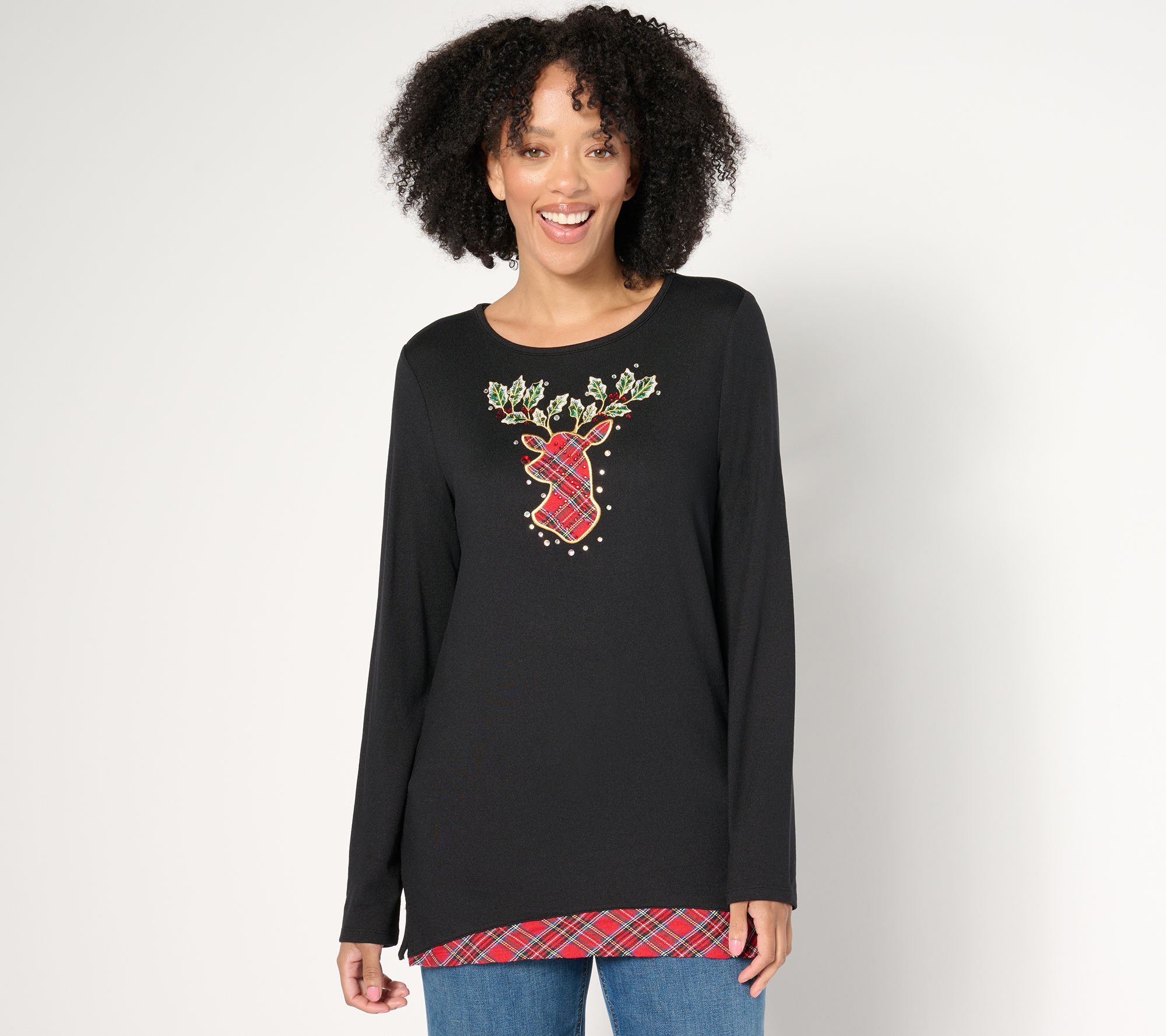 Quacker Factory Soft Knit Tunic Top with Plaid Hem