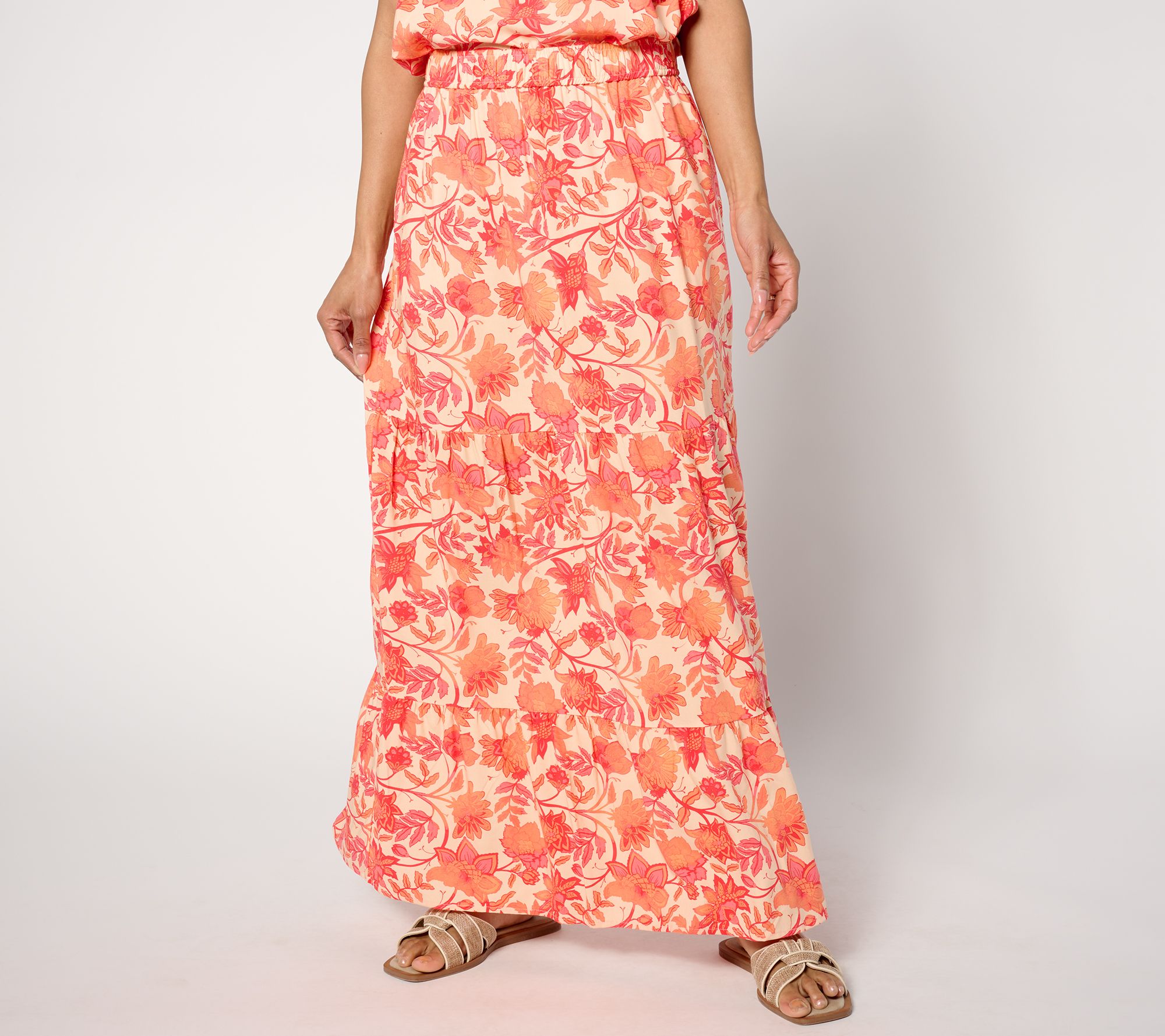 "As Is" Denim & Co. Petite Printed Tiered Skirt with Pockets