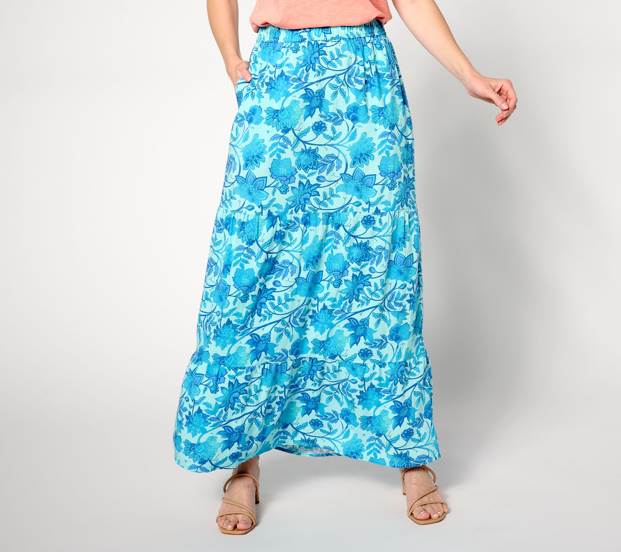 "As Is" Denim & Co. Petite Printed Tiered Skirt with Pockets