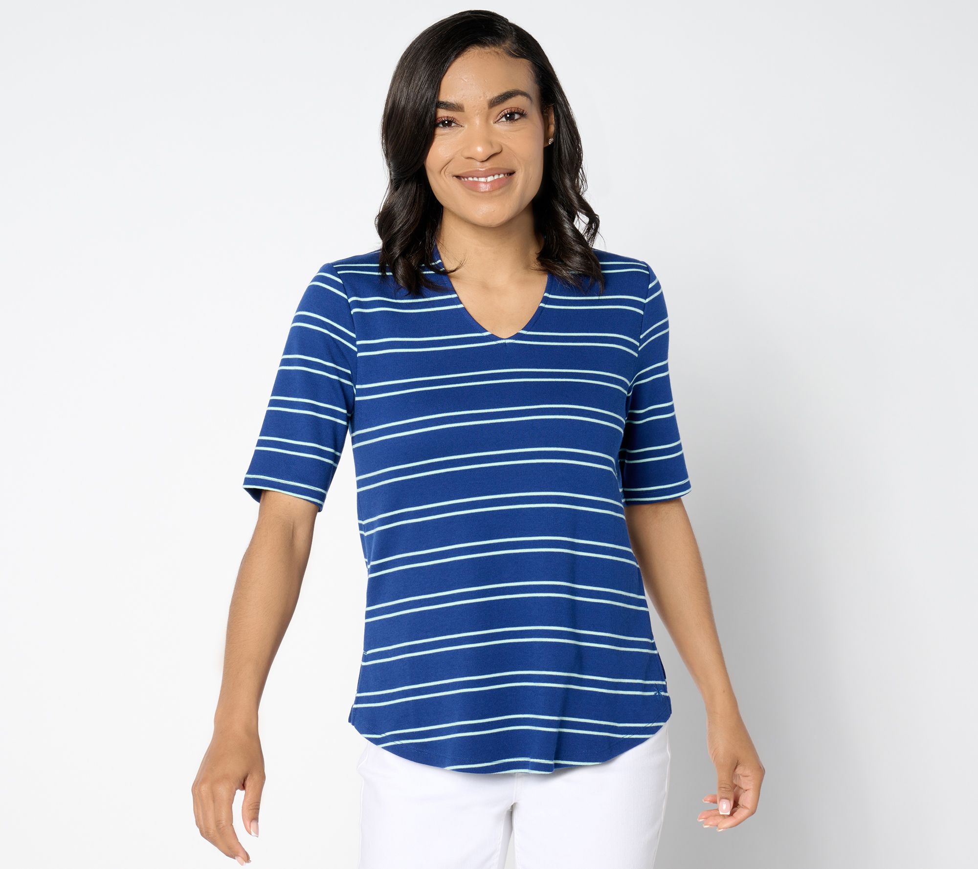 "As Is" Isaac Mizrahi Live! Essentials Yarn Dye Stripe Elbow Slv Top