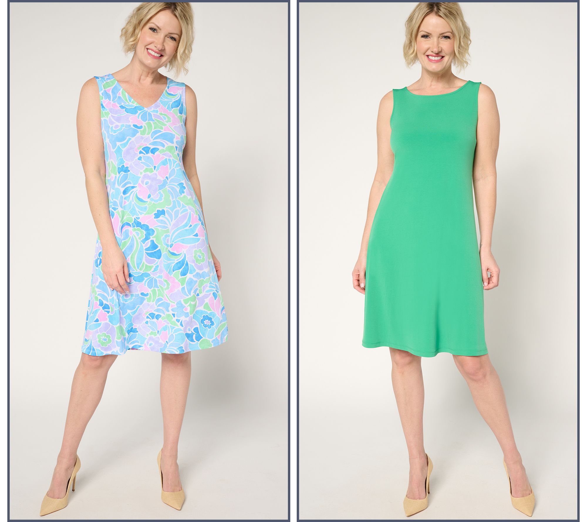 Susan Graver Regular Liquid Knit Set of 2 Print & Solid Dresses
