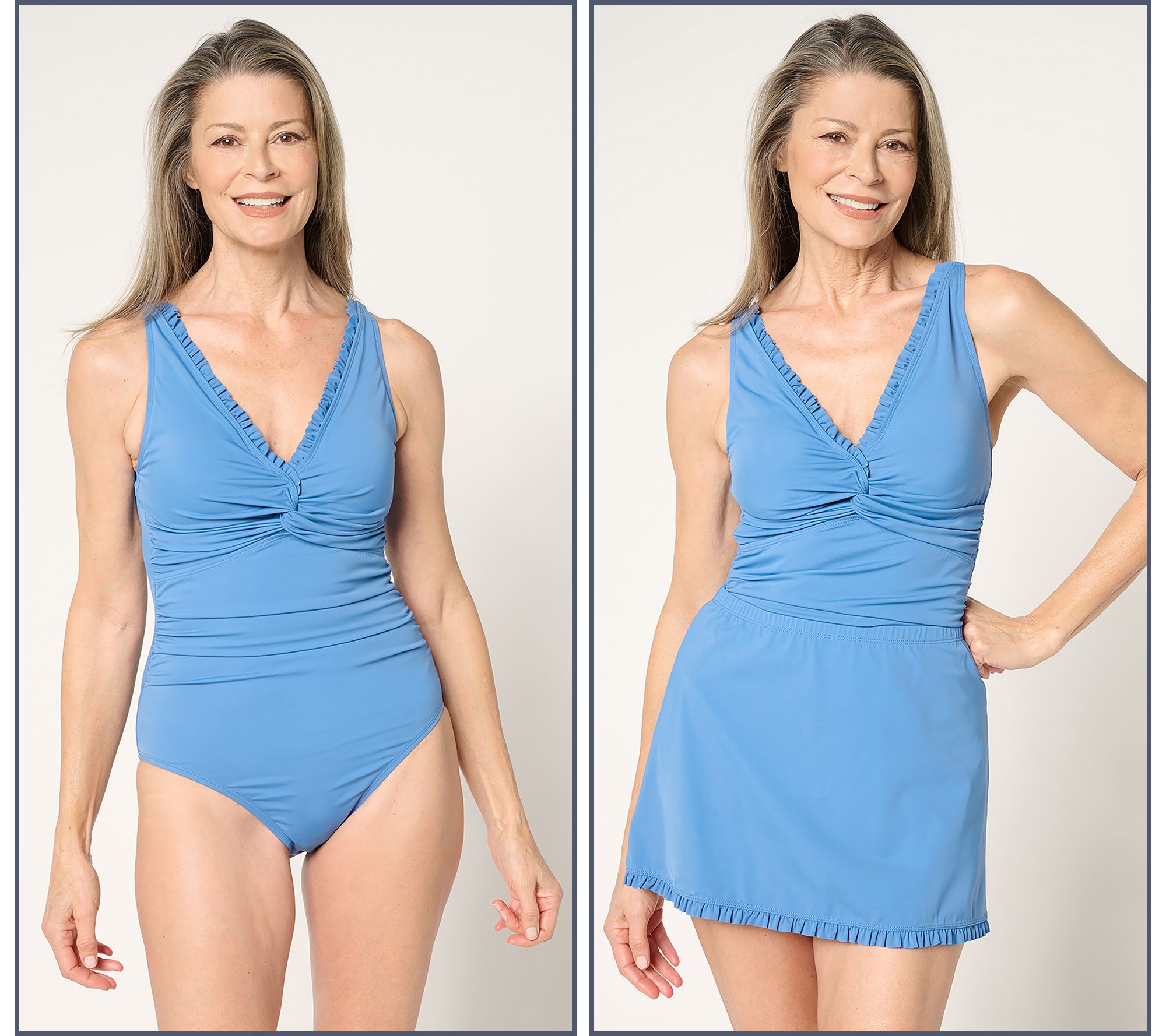 Susan Graver Soleil V-Neck Swimsuit with Ruffles & Overskirt