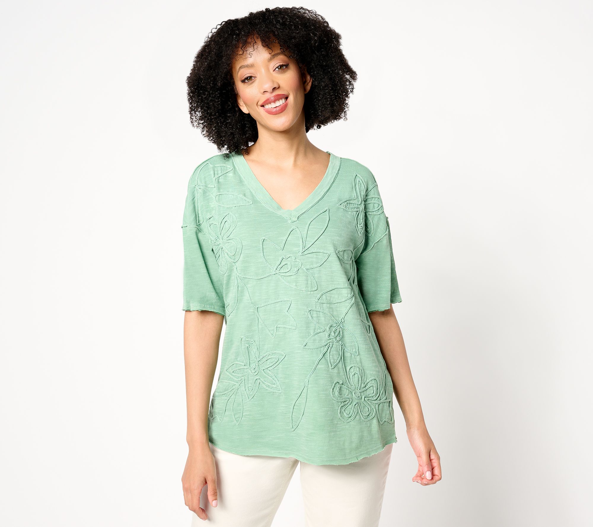  LOGO Lavish by Lori Goldstein 100% Cotton Tee with Soutache Detail