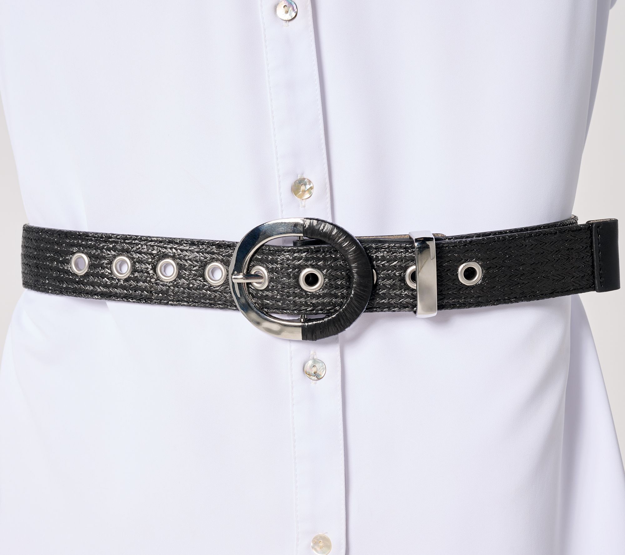 Susan Graver Raffia and Faux Leather Belt w/ Novelty Wrapped Buckle
