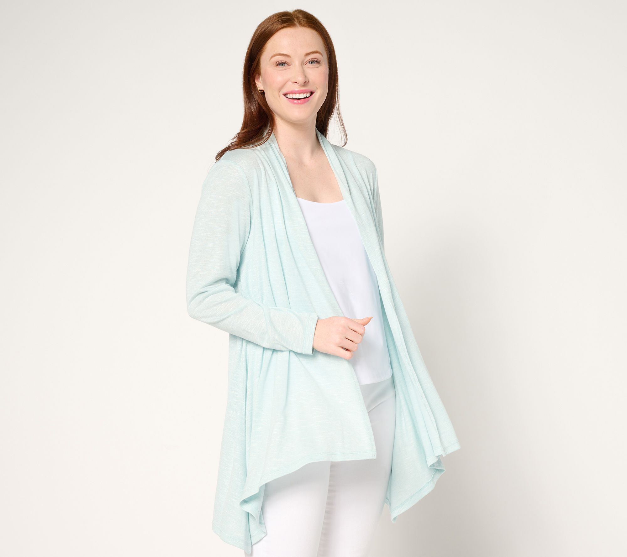 Susan Graver Weekend Petite Textured Jersey Drape Front Cardigan