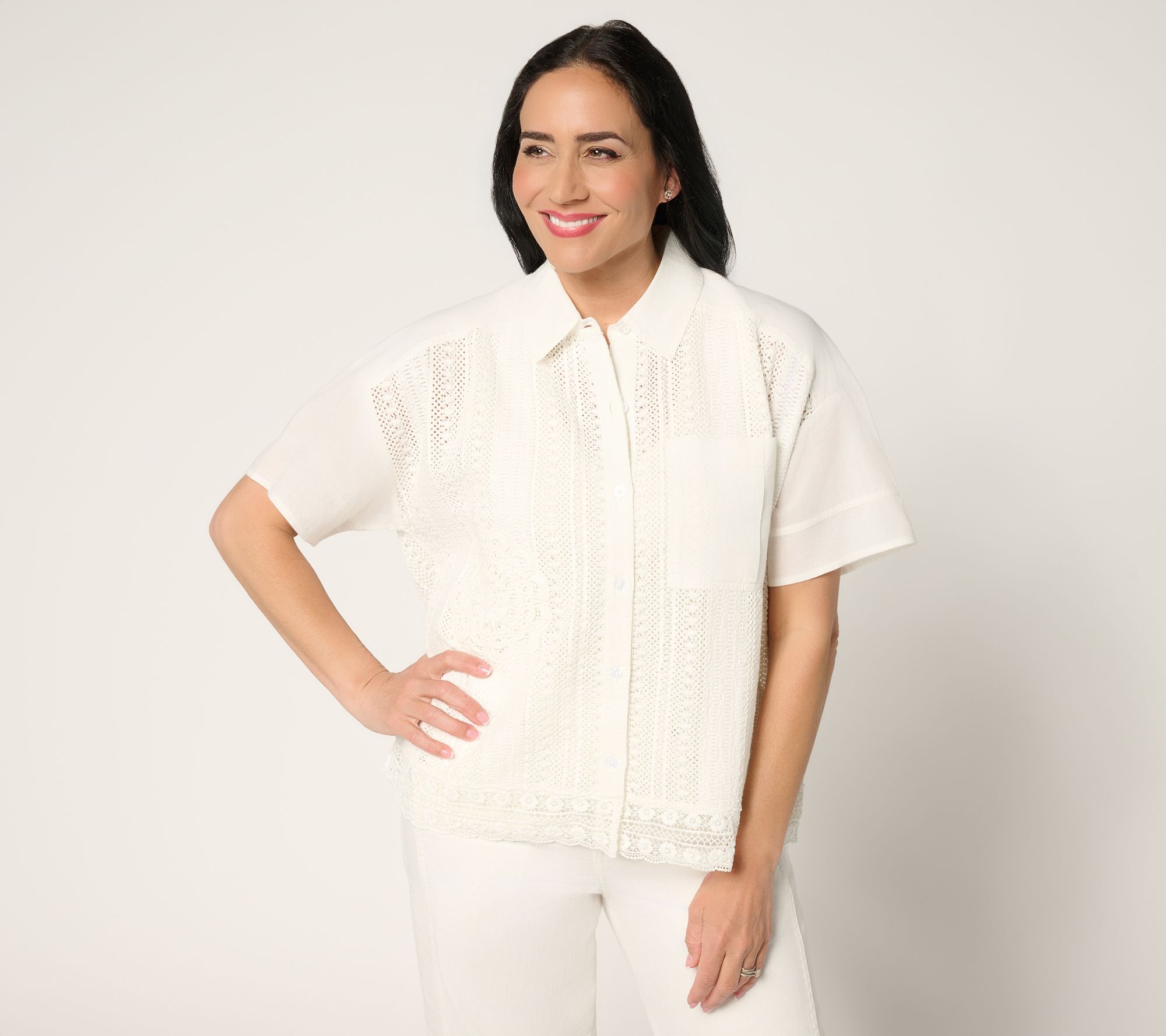 LOGO Lavish by Lori Goldstein 100% Cotton Mixed Media Lace Shirt