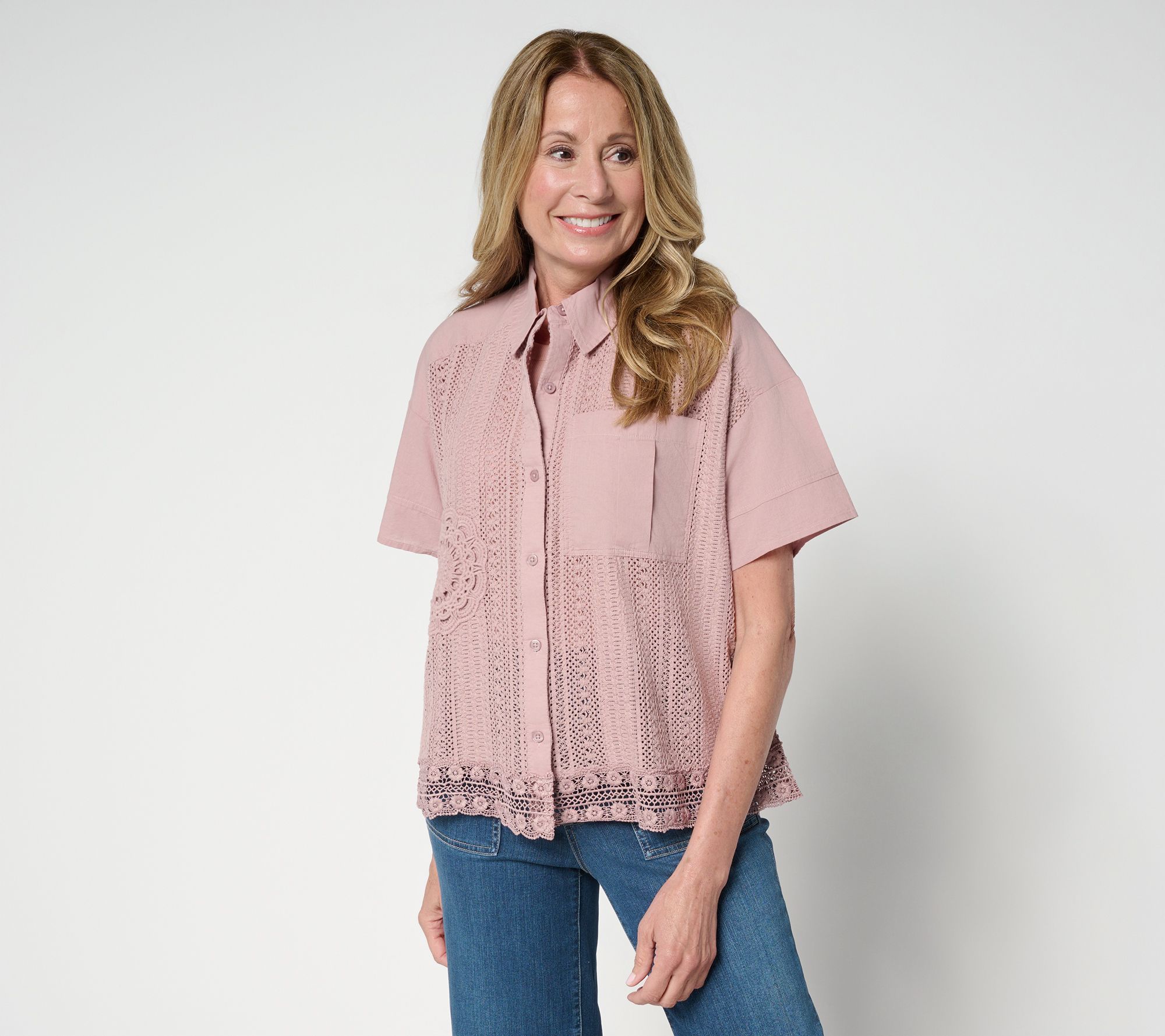 LOGO Lavish by Lori Goldstein 100% Cotton Mixed Media Lace Shirt