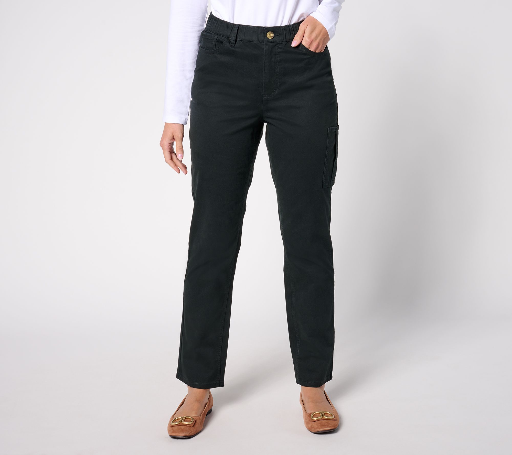 "As Is" Denim & Co. Petite EasyWear Twill Straight Leg Cargo Pant