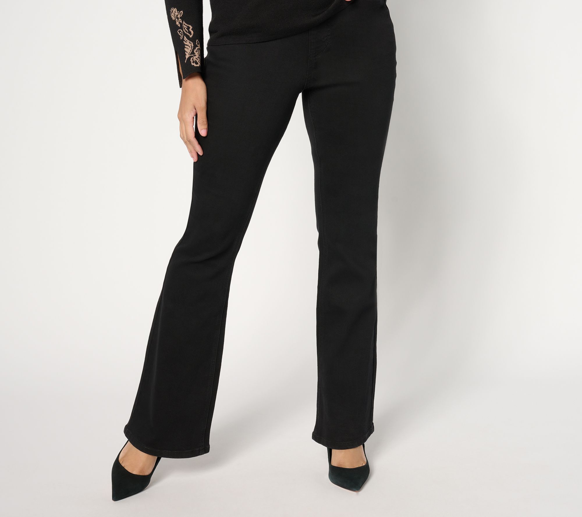 "As Is" Susan Graver Regular Stretch Denim Pull On Flare Jean-Black/Grey