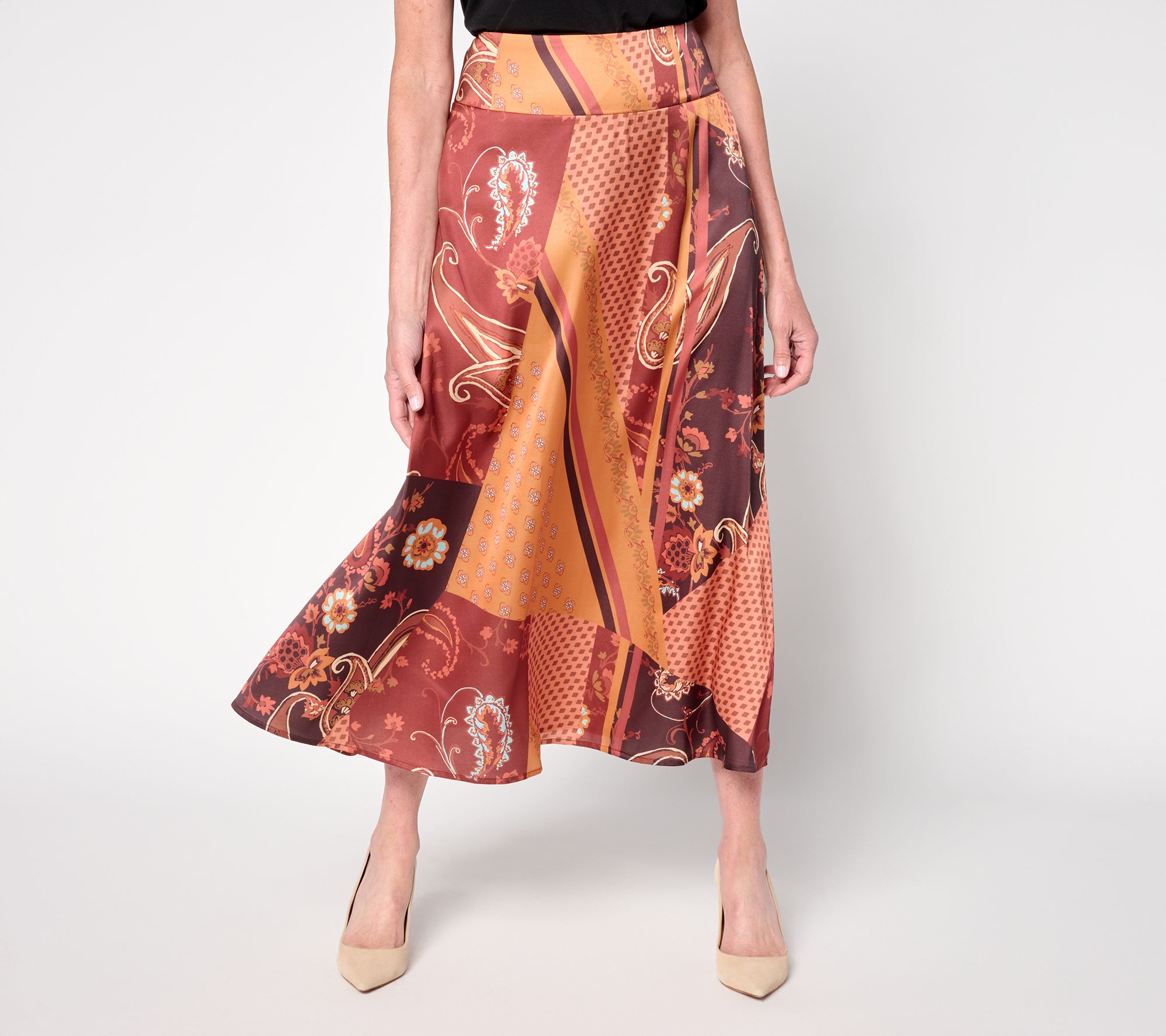 Susan Graver Regular Printed Satin Midi Skirt