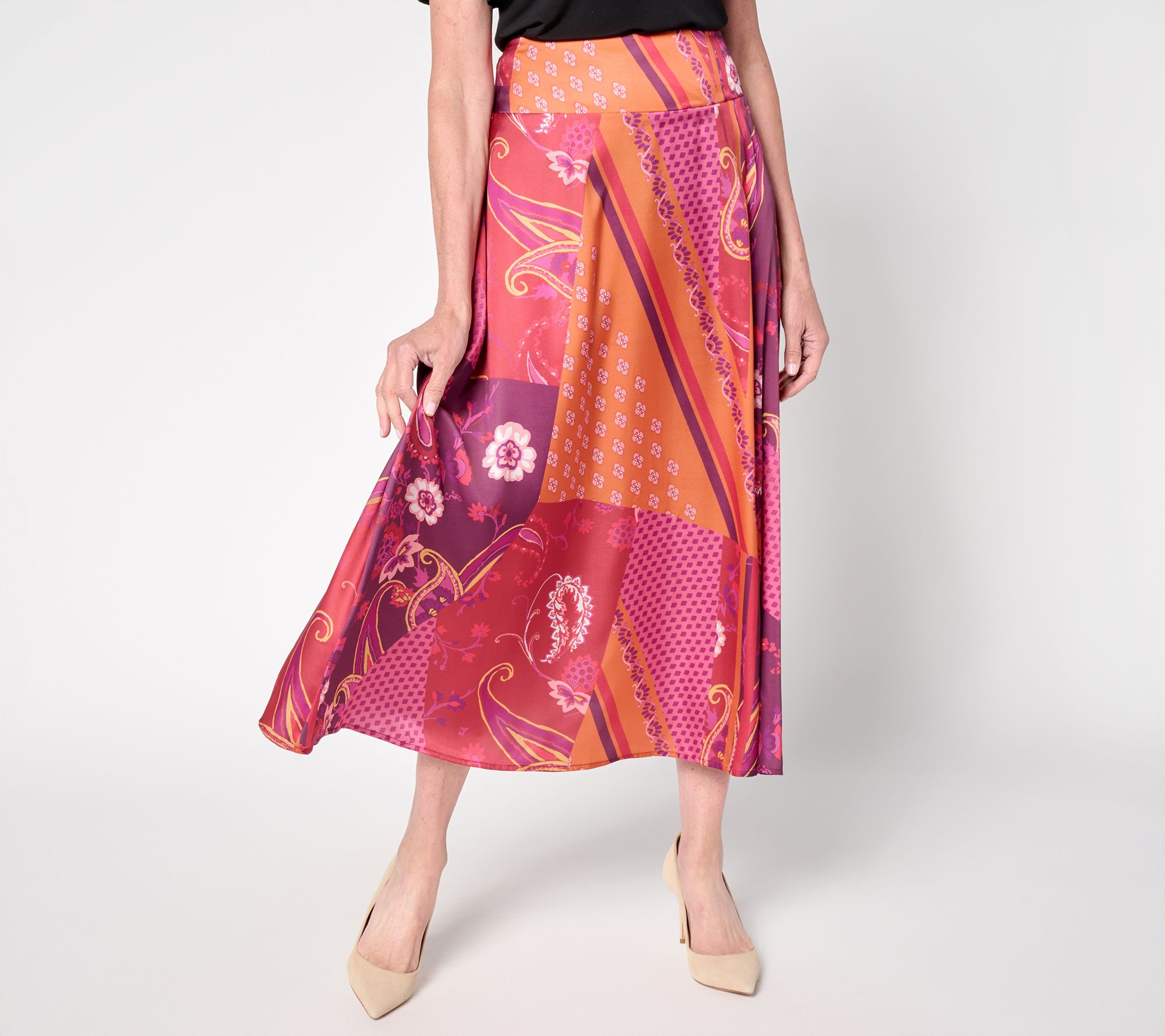 Susan Graver Regular Printed Satin Midi Skirt
