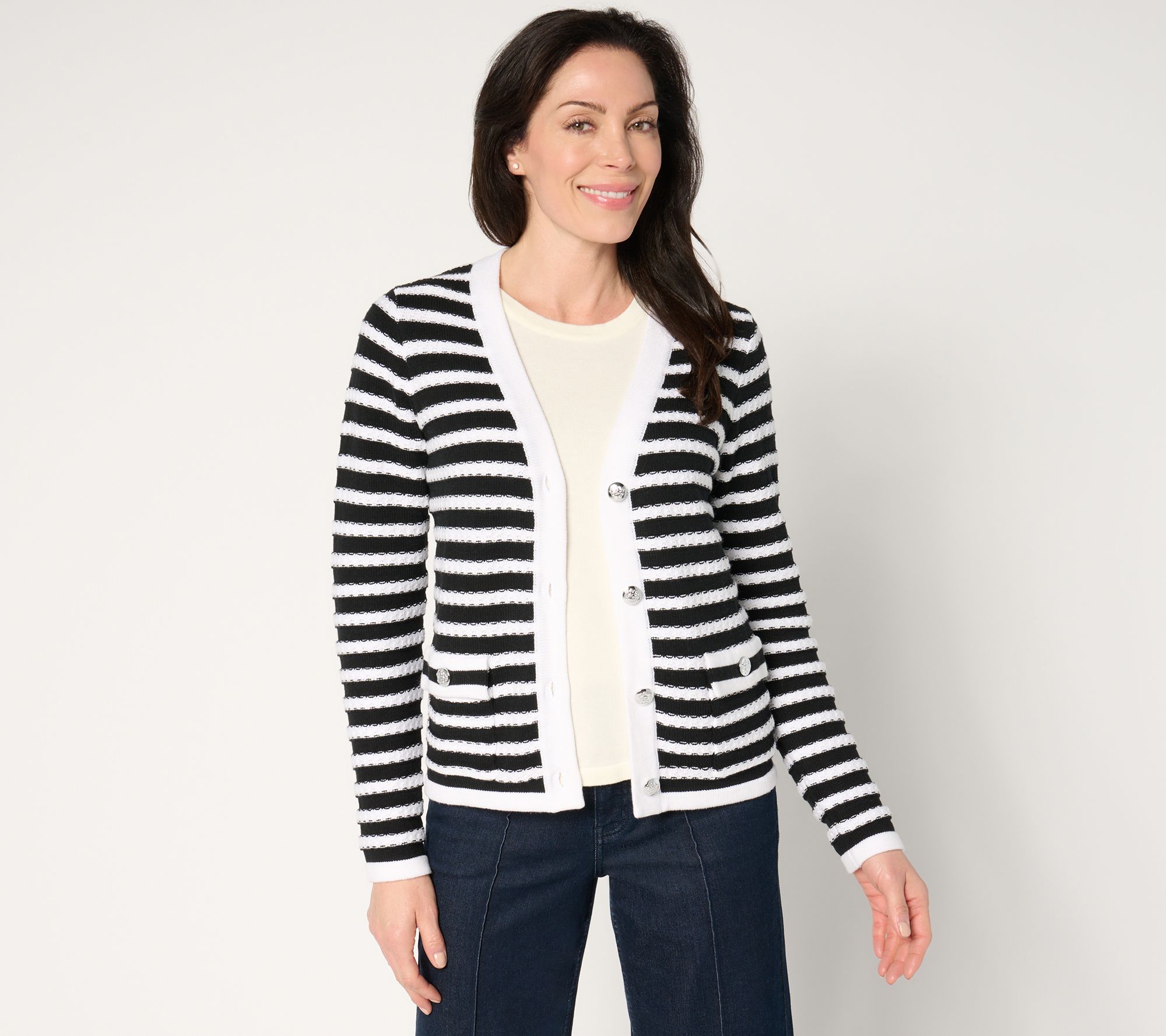 "As Is" Isaac Mizrahi Live! Striped Button Front Sweater Cardigan