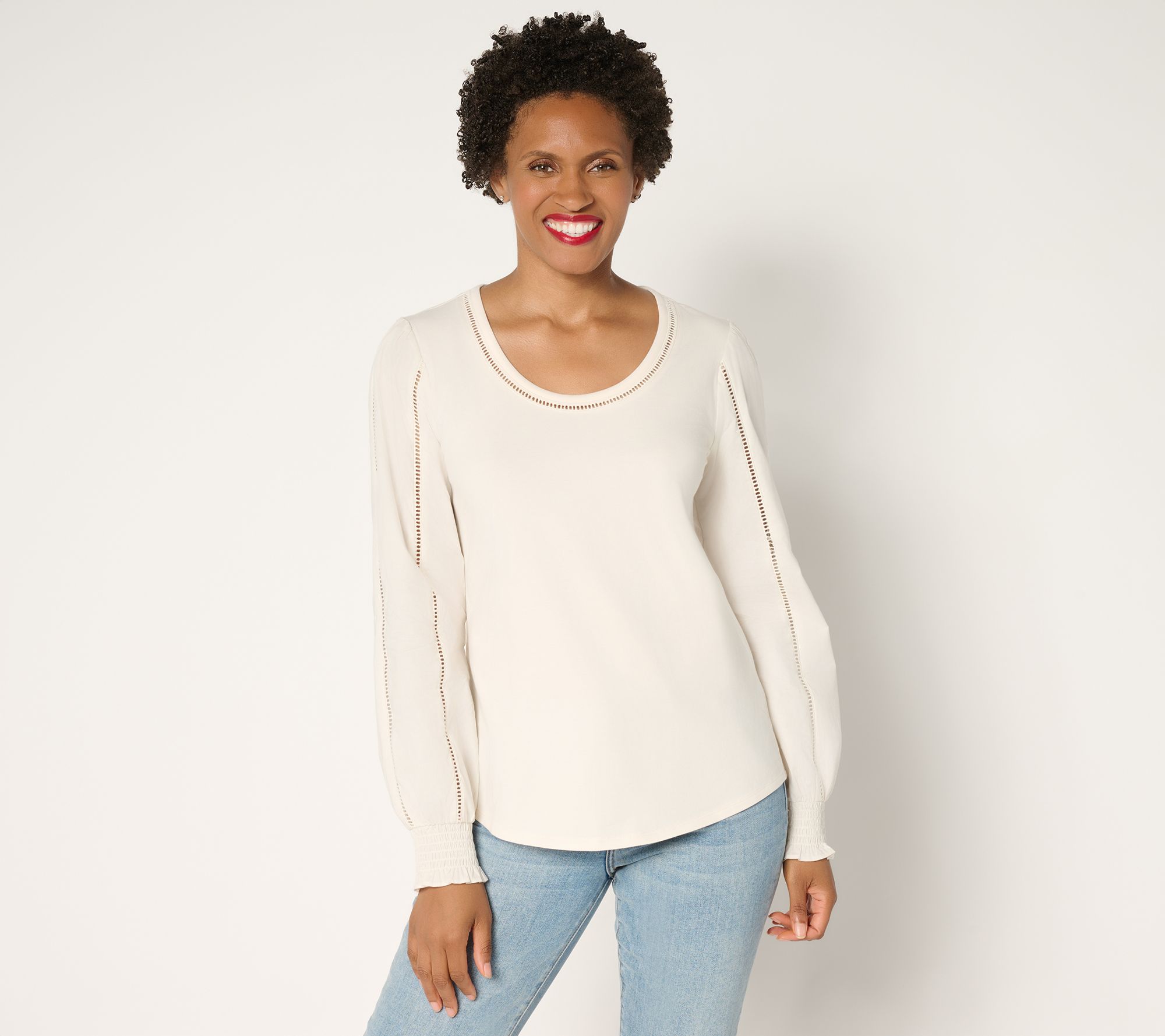 Ree by The Pioneer Woman Scoop Neck Eyelet Mixed Media Knit Top