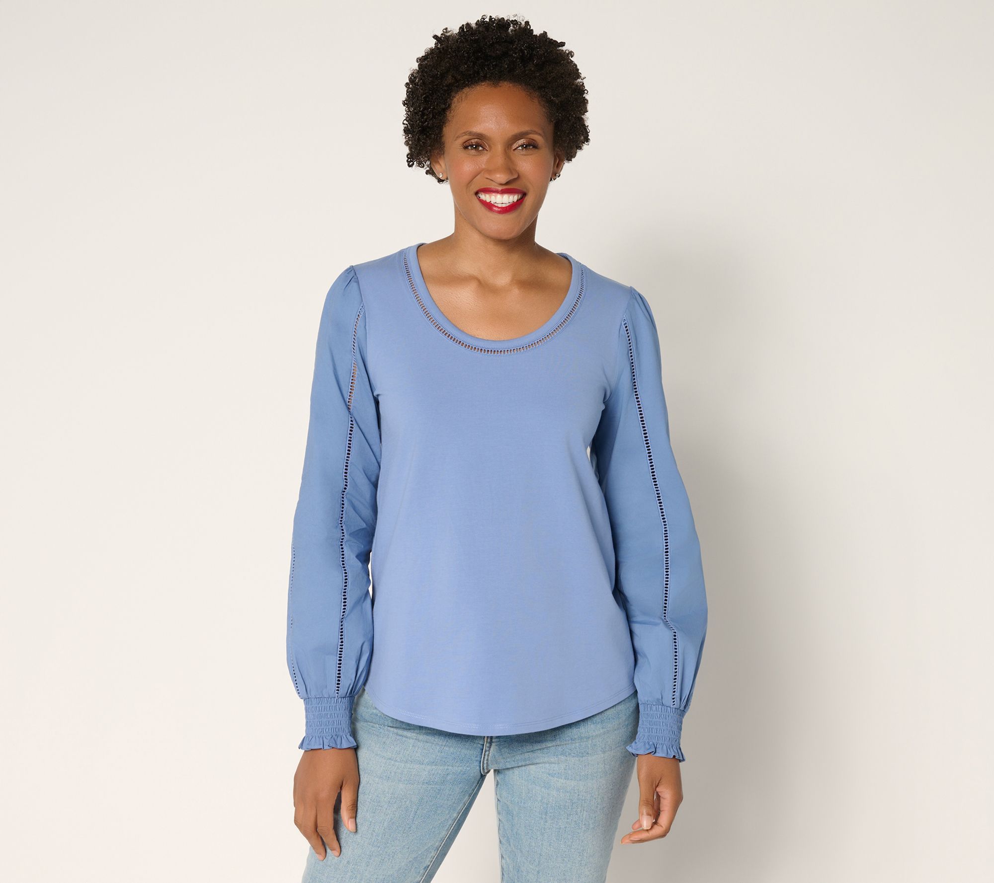 Ree by The Pioneer Woman Scoop Neck Eyelet Mixed Media Knit Top