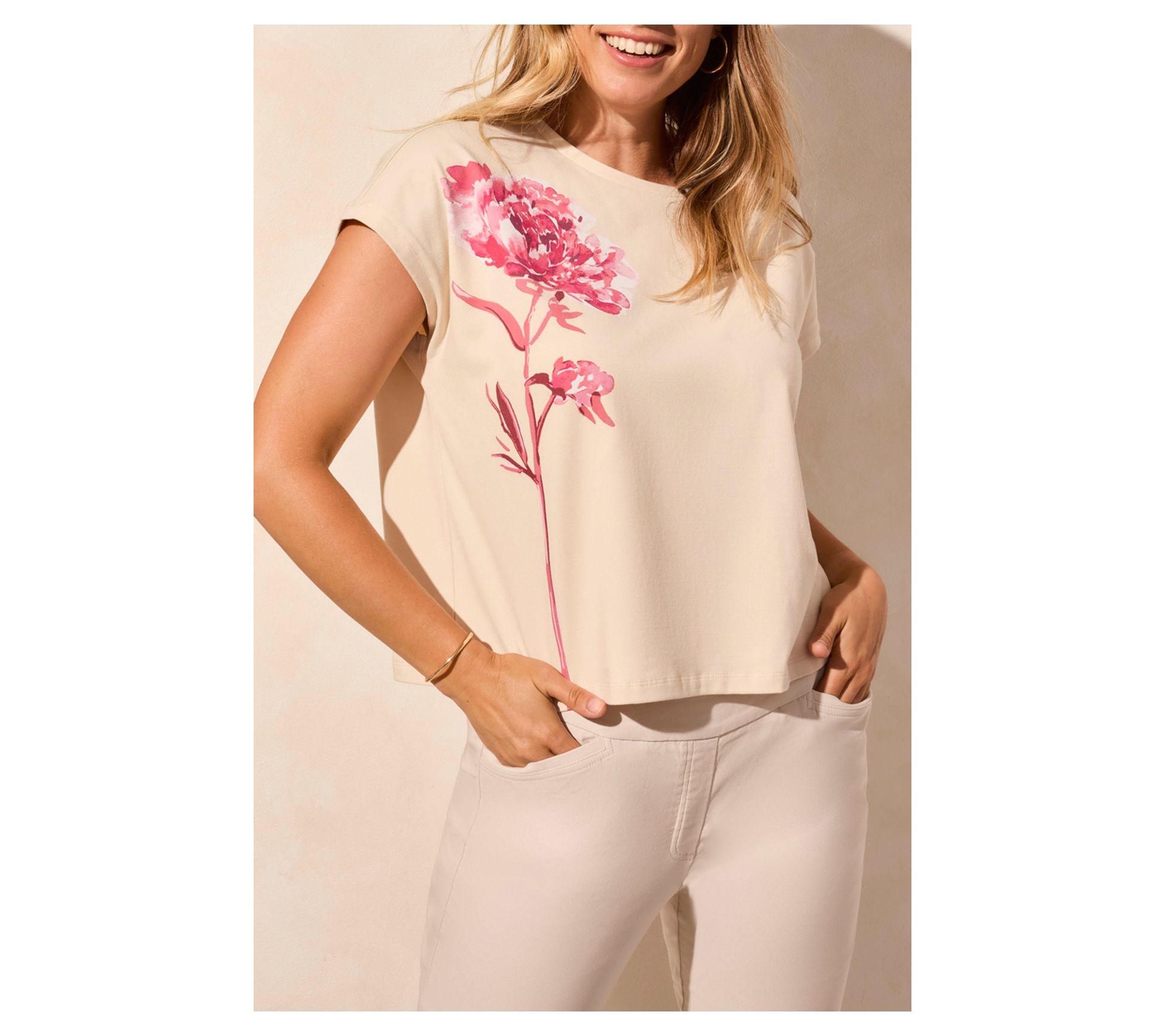 Tribal Floral Print Cotton Jersey Cap-Sleeve Top