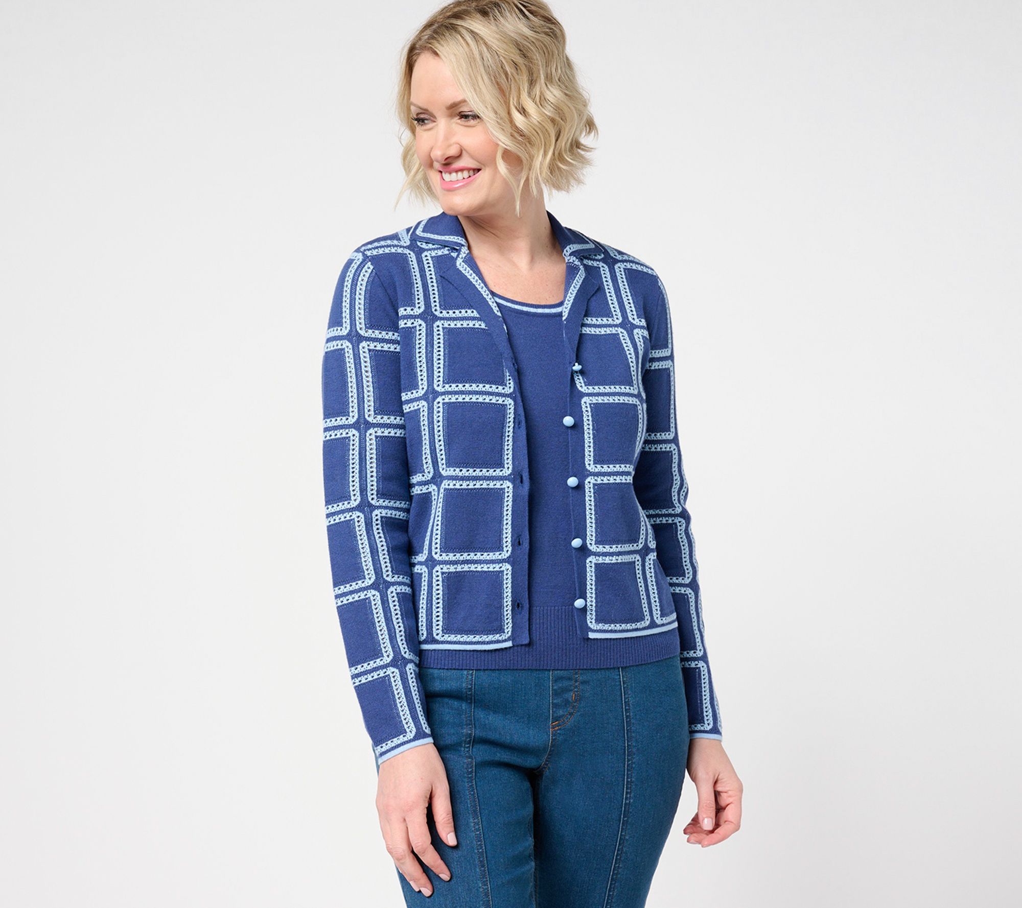 "As Is" Isaac Mizrahi Live! Pointelle Check Sweater Collar Cardigan