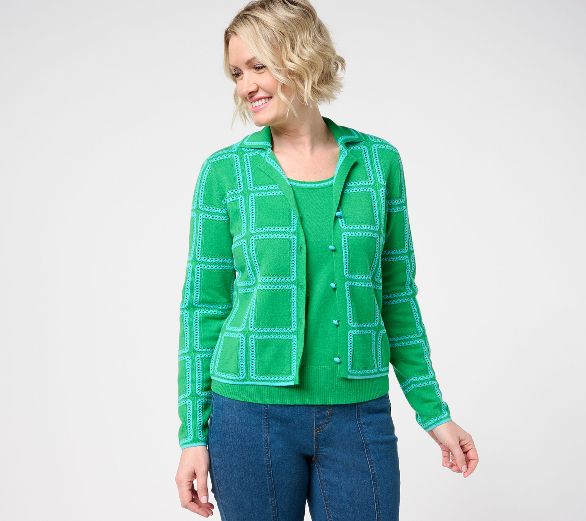 "As Is" Isaac Mizrahi Live! Pointelle Check Sweater Collar Cardigan